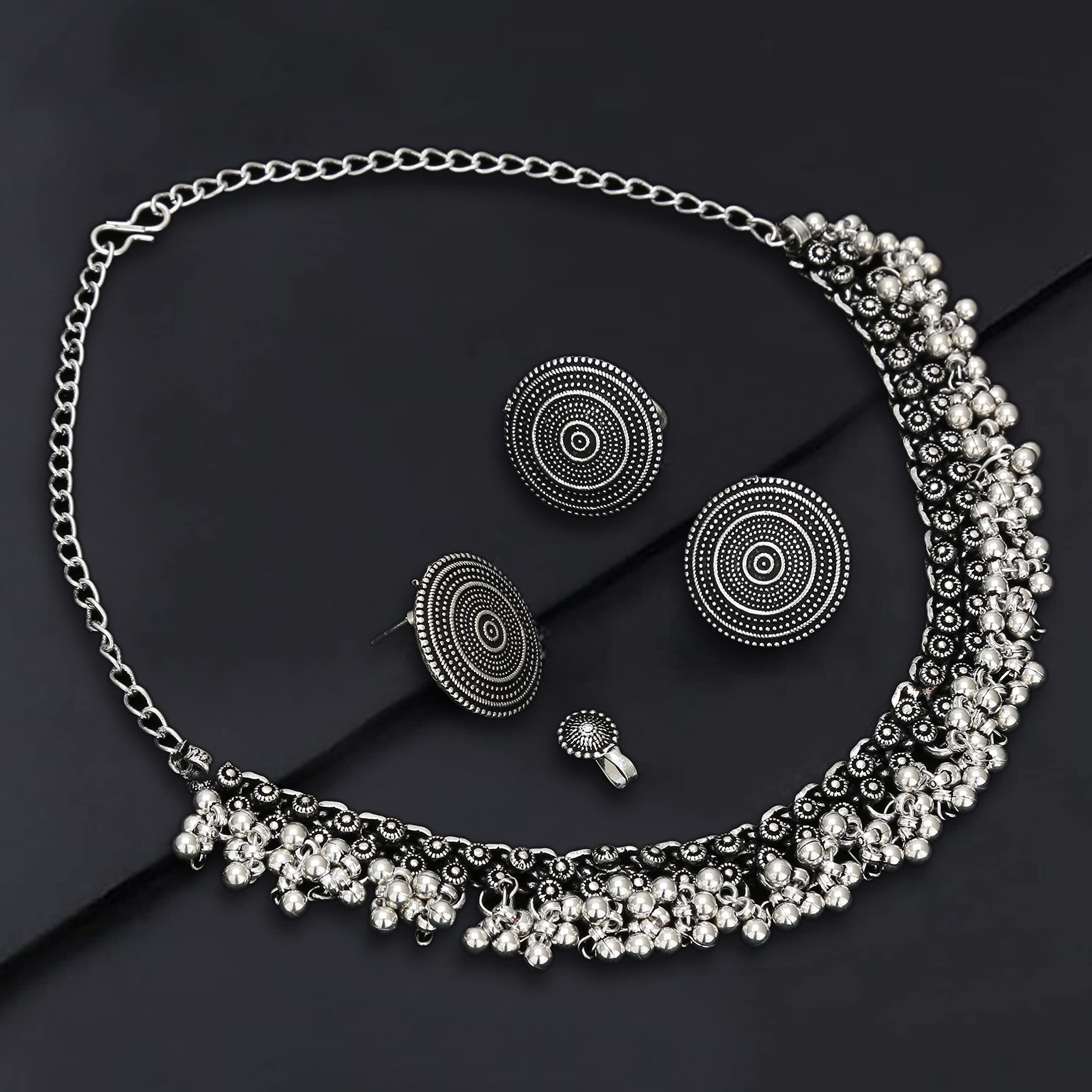 Sasitrends Oxidized German Silver Choker Necklace, Earrings With Nose Pin and Ring Combo Set for Women and Girls