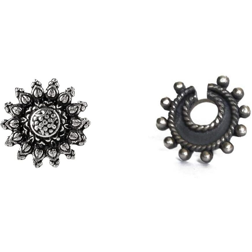 abhooshan Silver Alloy Combo Set of 2 Designer Oxidized Nose Pin Stud for Women and Girls. Piercing required (Big I)