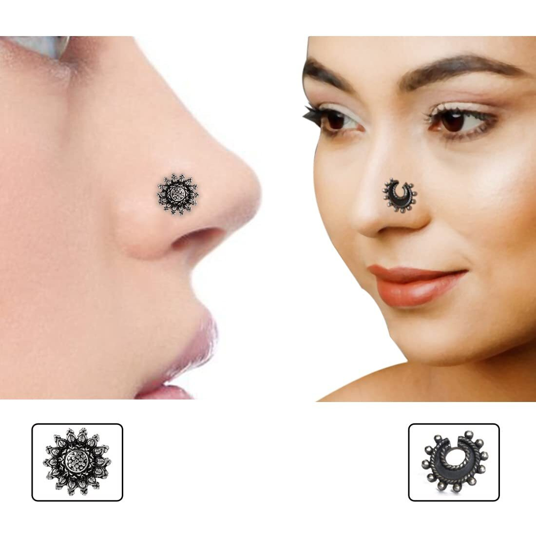 abhooshan Silver Alloy Combo Set of 2 Designer Oxidized Nose Pin Stud for Women and Girls. Piercing required (Big I)