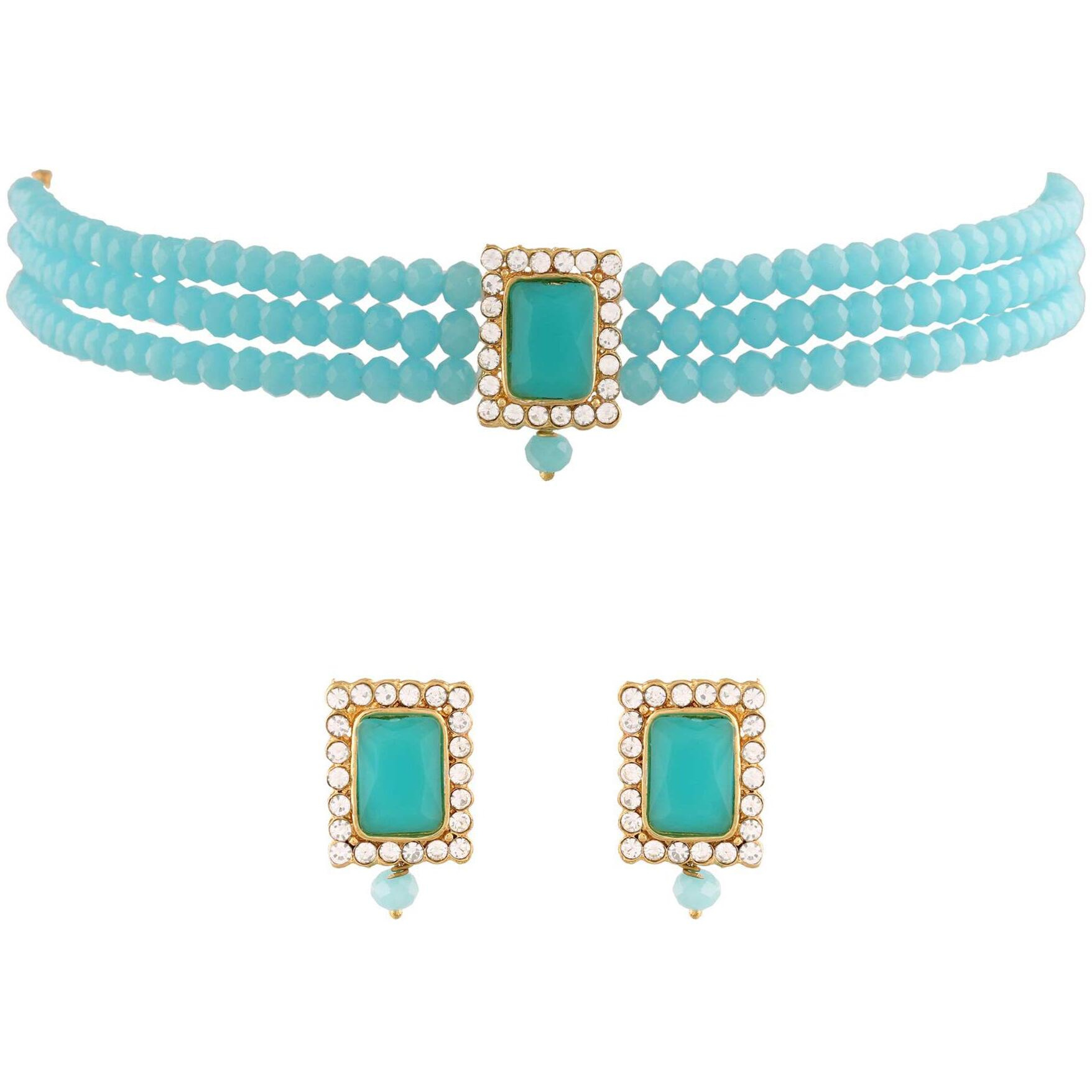 Peora Gold Plated Indian Traditional Crystal Pearl Beaded Choker Necklace Jewellery Set for Women