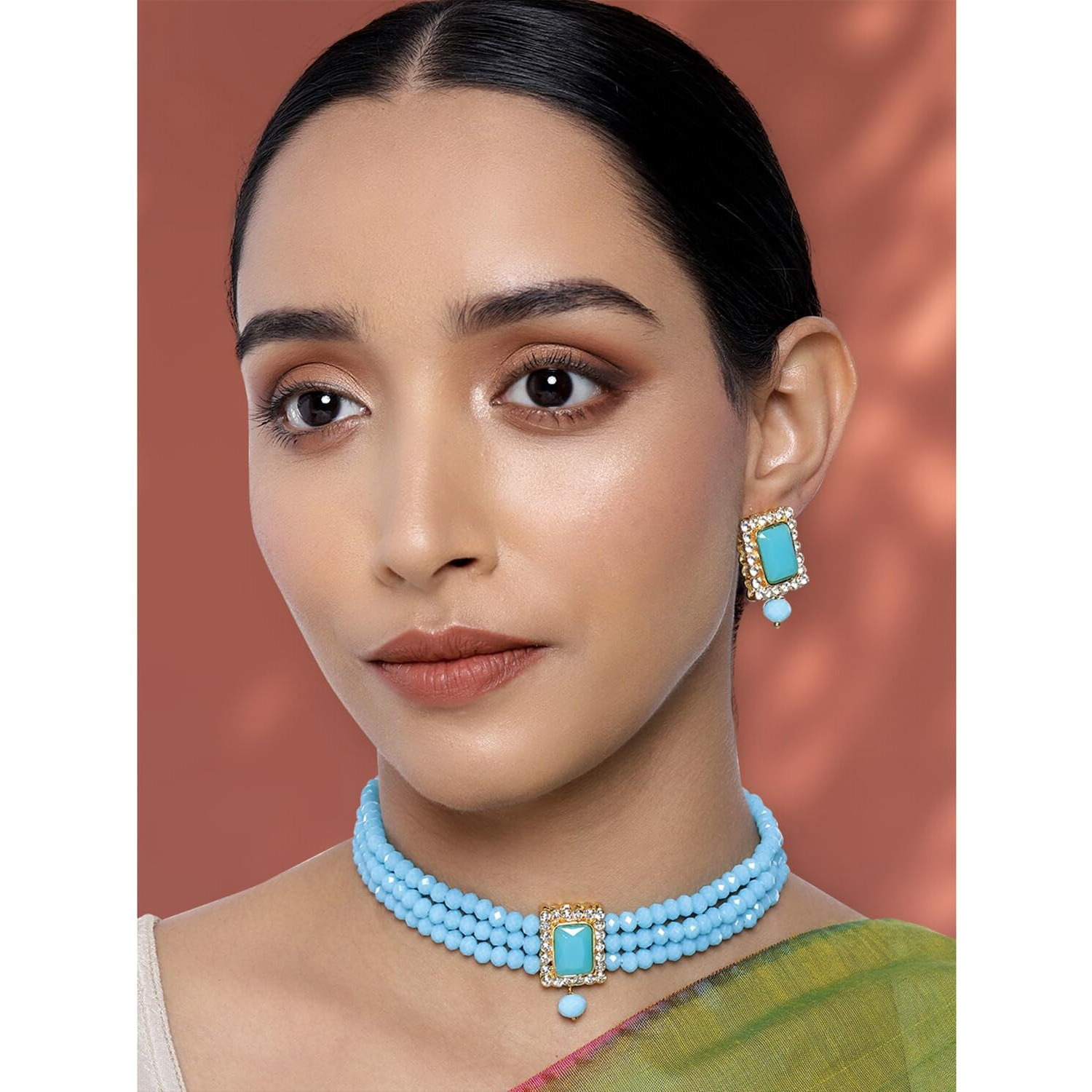 Peora Gold Plated Indian Traditional Crystal Pearl Beaded Choker Necklace Jewellery Set for Women