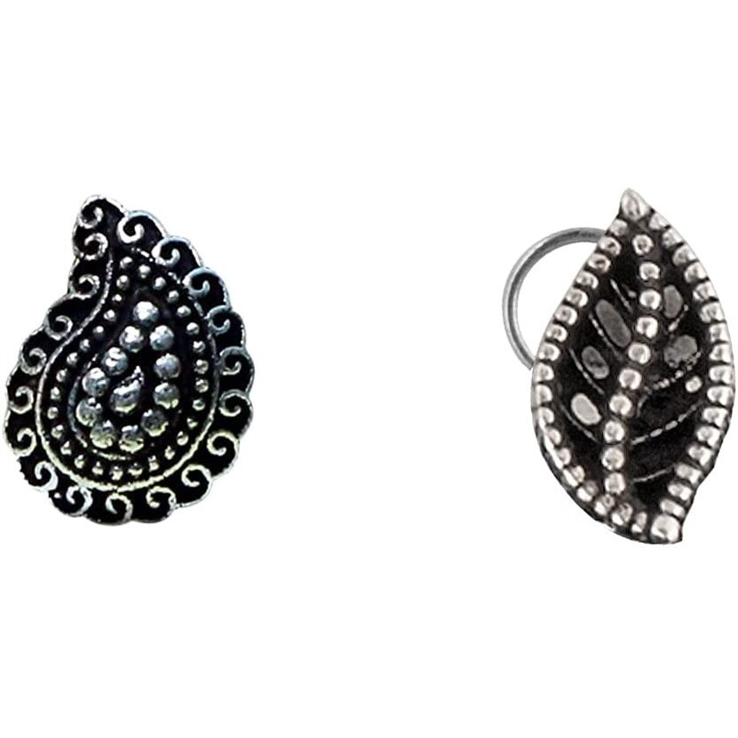 abhooshan Silver Alloy Combo Set of 2 Designer Oxidized Nose Pin Stud for Women and Girls. Piercing required (Classic)