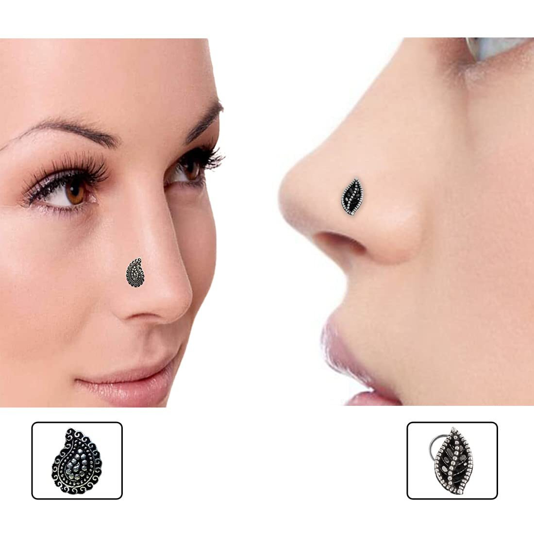 abhooshan Silver Alloy Combo Set of 2 Designer Oxidized Nose Pin Stud for Women and Girls. Piercing required (Classic)