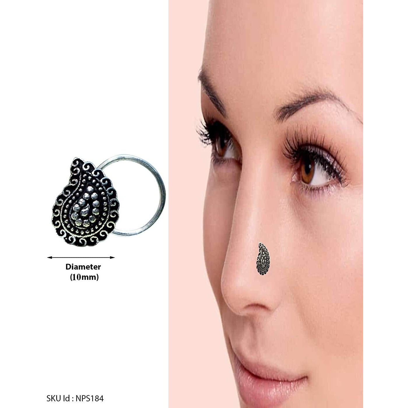 abhooshan Silver Alloy Combo Set of 2 Designer Oxidized Nose Pin Stud for Women and Girls. Piercing required (Classic)