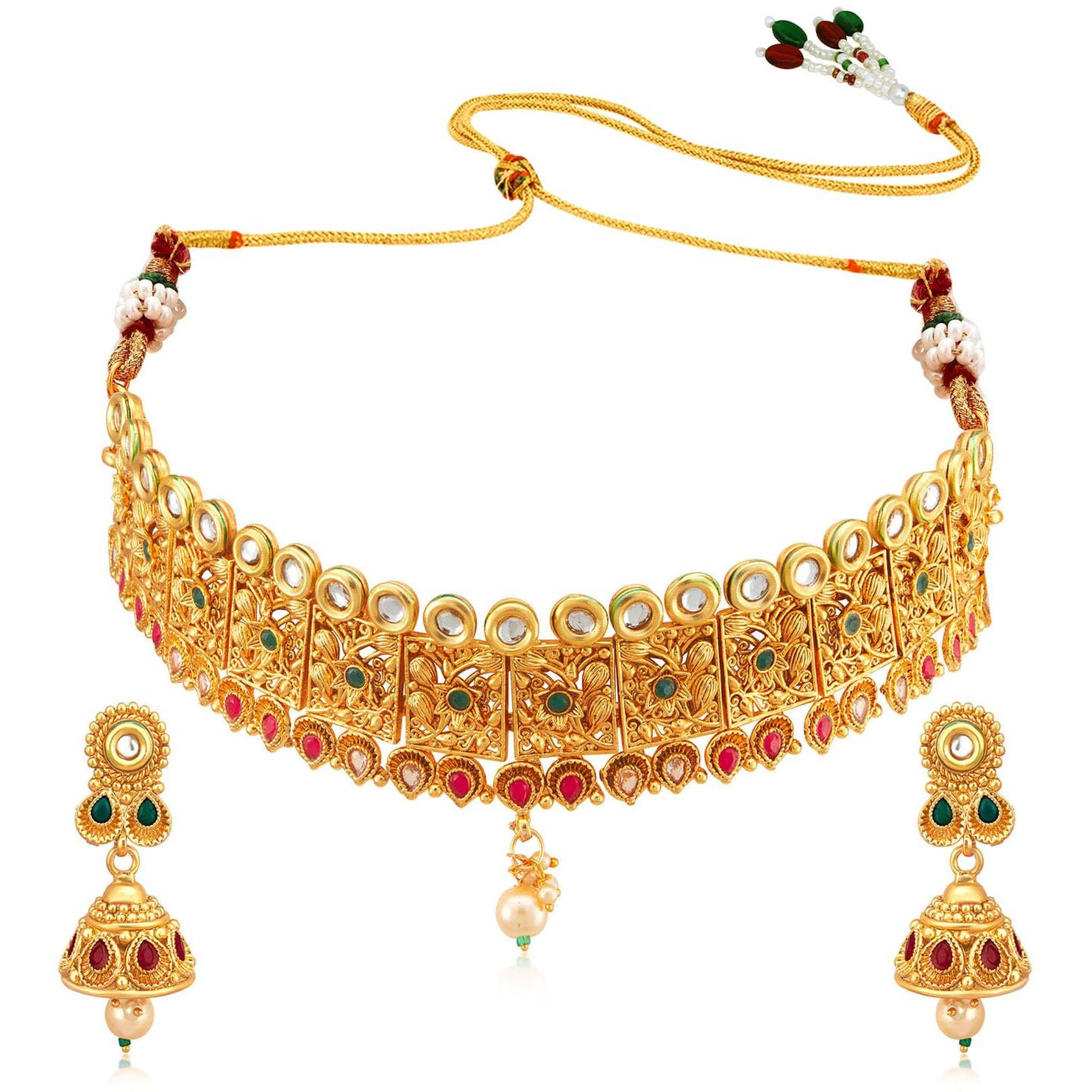 Peora Gold Plated Kundan Pearl Choker Necklace with Jhumki Earrings Indian Temple Traditional Ethnic Jewellery Set for Women