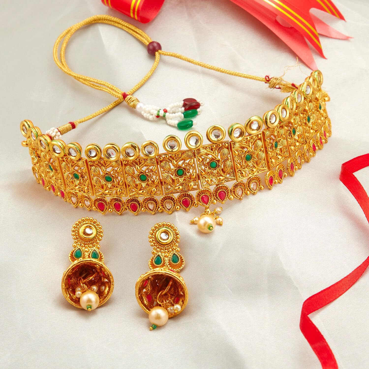 Peora Gold Plated Kundan Pearl Choker Necklace with Jhumki Earrings Indian Temple Traditional Ethnic Jewellery Set for Women