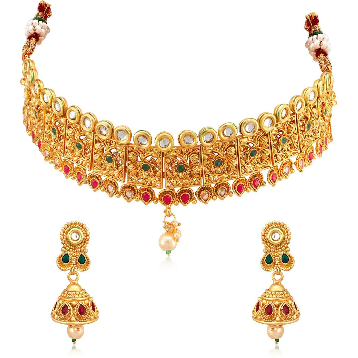 Peora Gold Plated Kundan Pearl Choker Necklace with Jhumki Earrings Indian Temple Traditional Ethnic Jewellery Set for Women