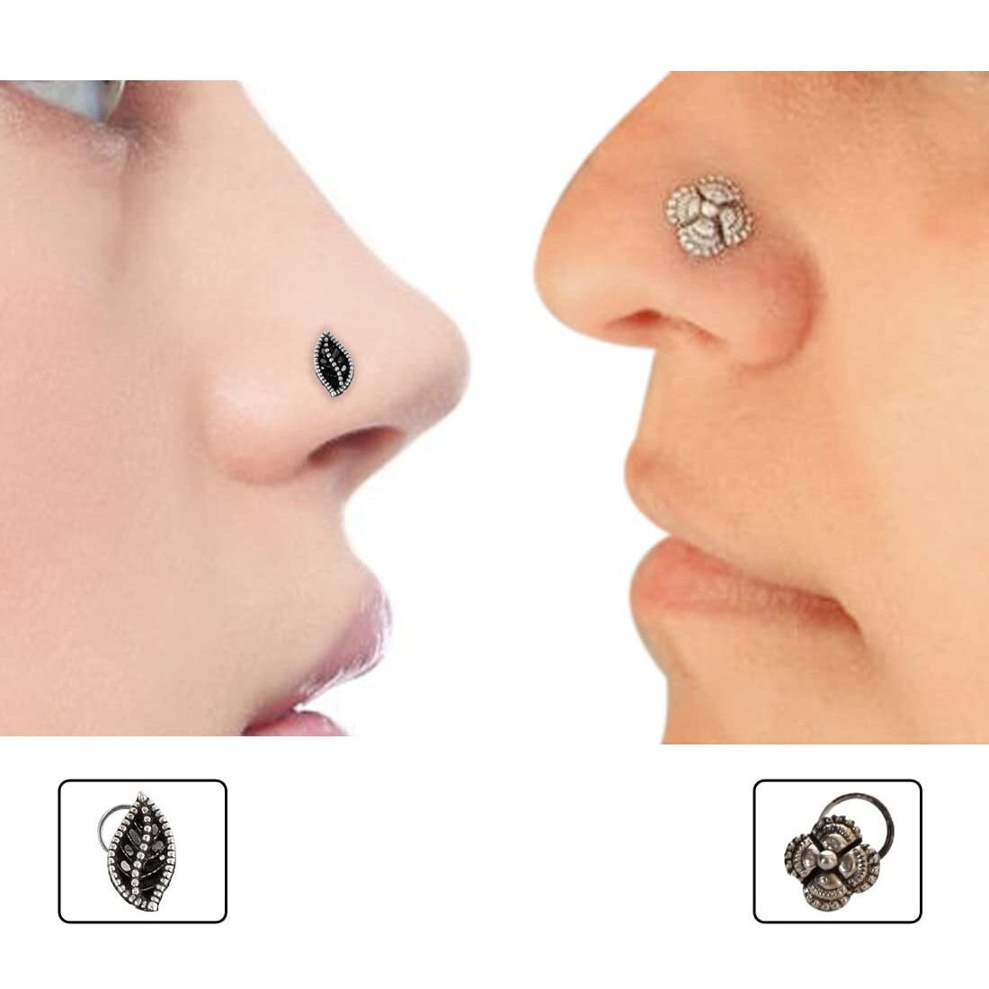 abhooshan Silver Alloy Combo Set of 2 Designer Oxidized Nose Pin Stud for Women and Girls. Piercing required (Latest)