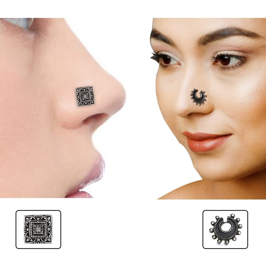 abhooshan Silver Alloy Combo Set of 2 Designer Oxidized Nose Pin Stud for Women and Girls. Piercing required (Big)