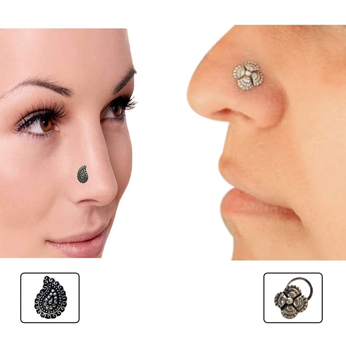 abhooshan Silver Alloy Combo Set of 2 Designer Oxidized Nose Pin Stud for Women and Girls. Piercing required (Trendy I)