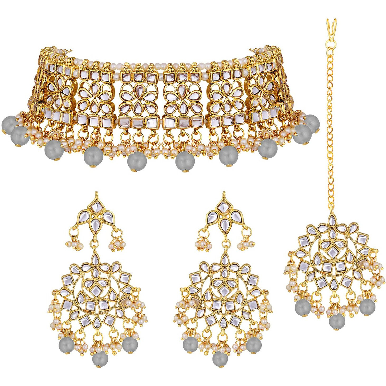 Peora Ethnic Indian Traditional Jewellery Kundan Choker Necklace Earring Maang Tikka Set for Women Girls (Grey)