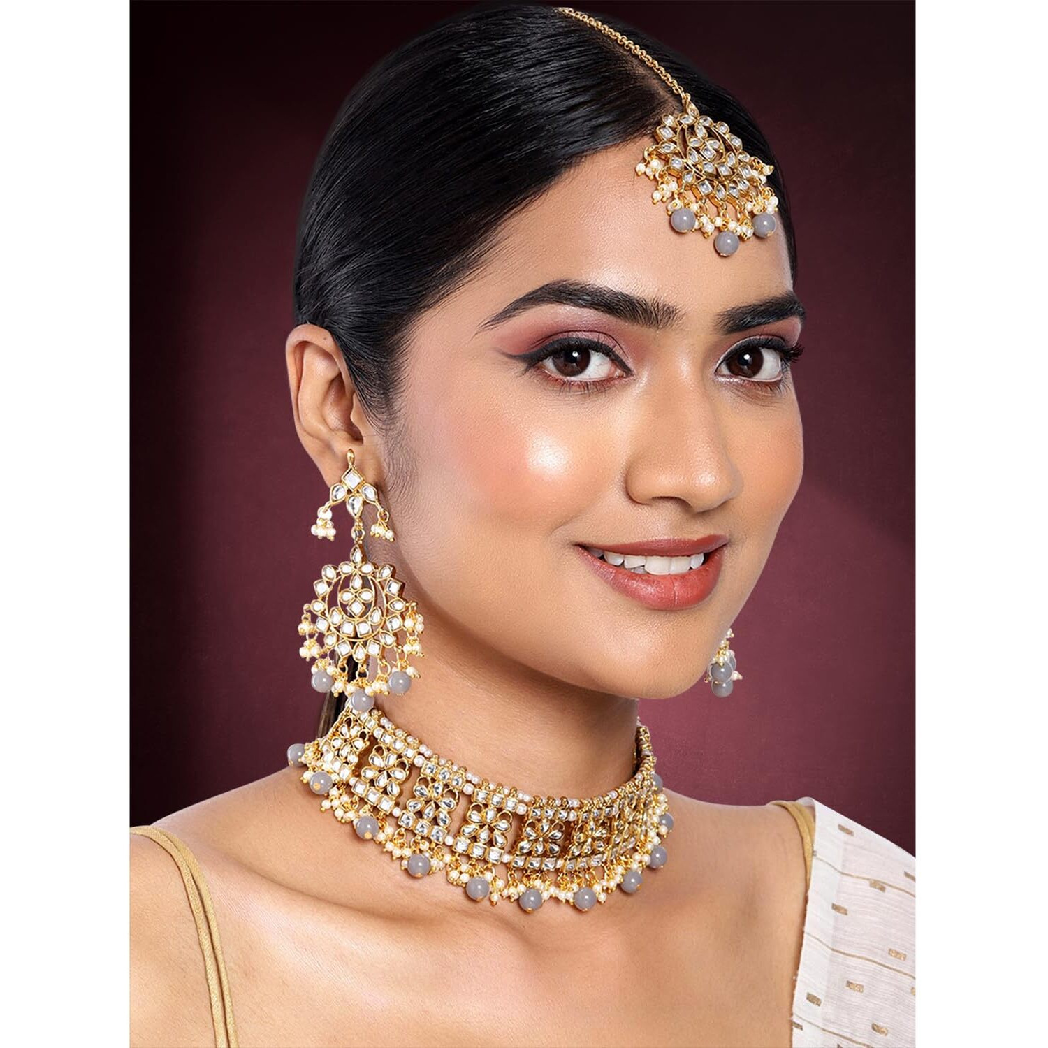 Peora Ethnic Indian Traditional Jewellery Kundan Choker Necklace Earring Maang Tikka Set for Women Girls (Grey)