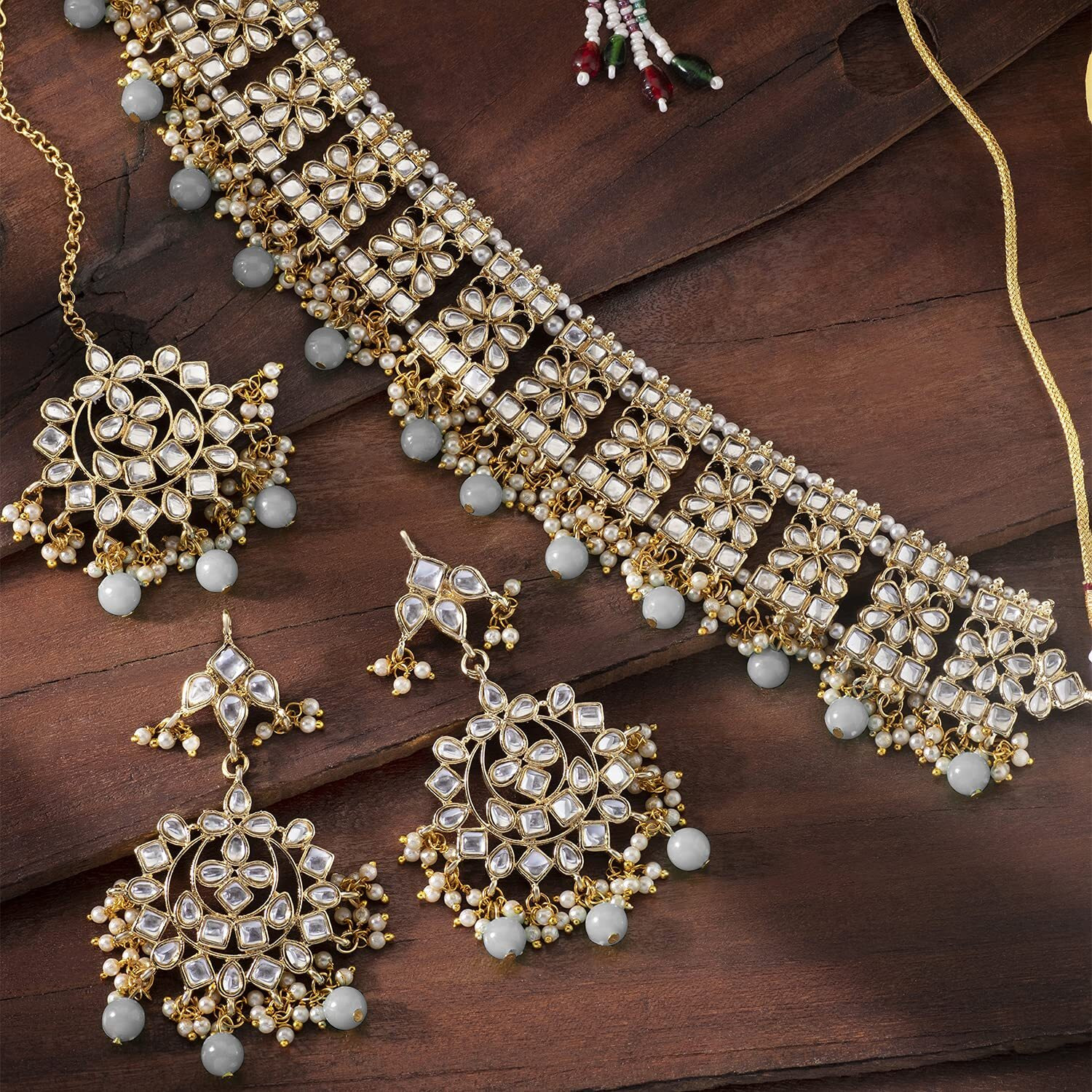 Peora Ethnic Indian Traditional Jewellery Kundan Choker Necklace Earring Maang Tikka Set for Women Girls (Grey)