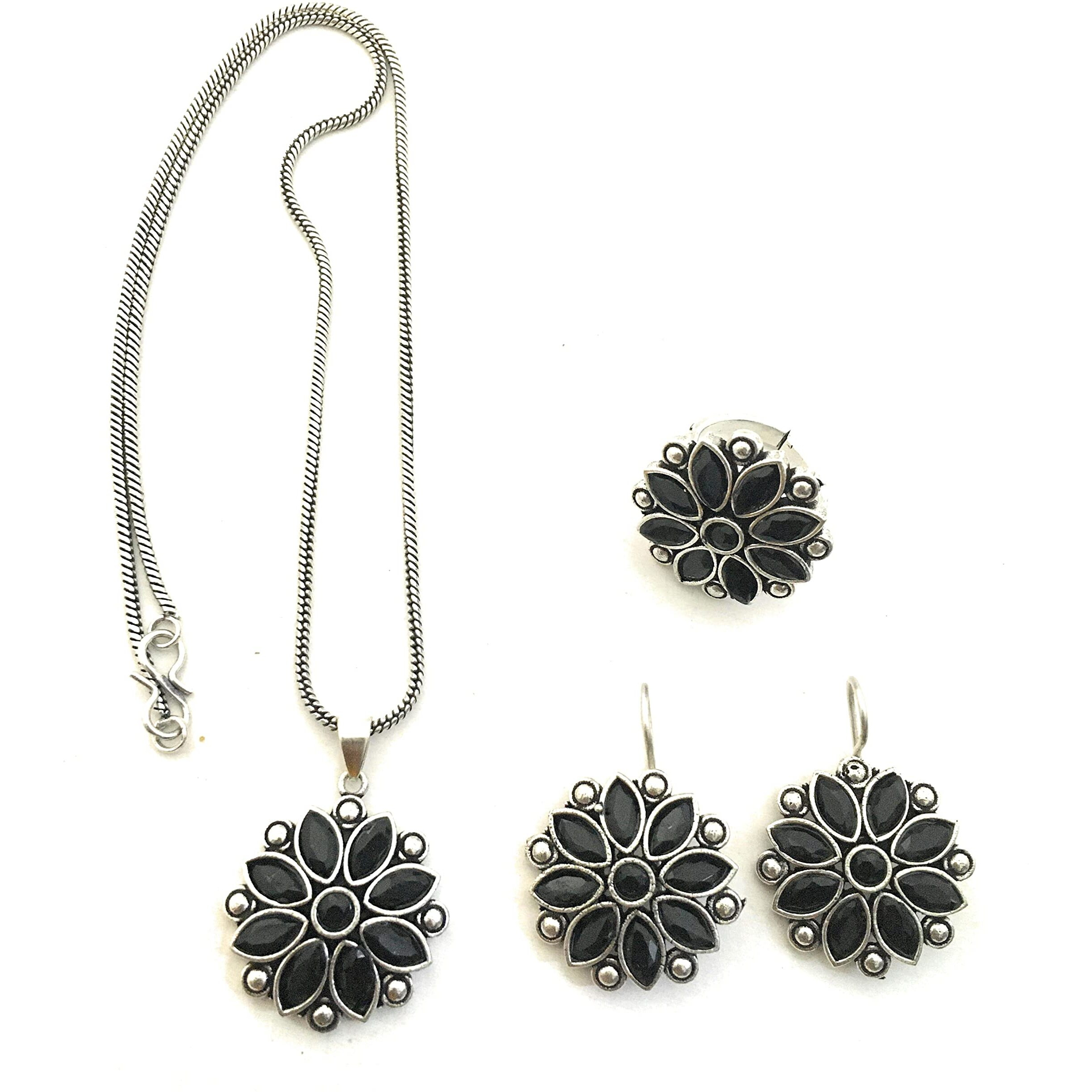 Sasitrends German Silver Stone Studded Oxidized Jewellery Set for Women & Girls