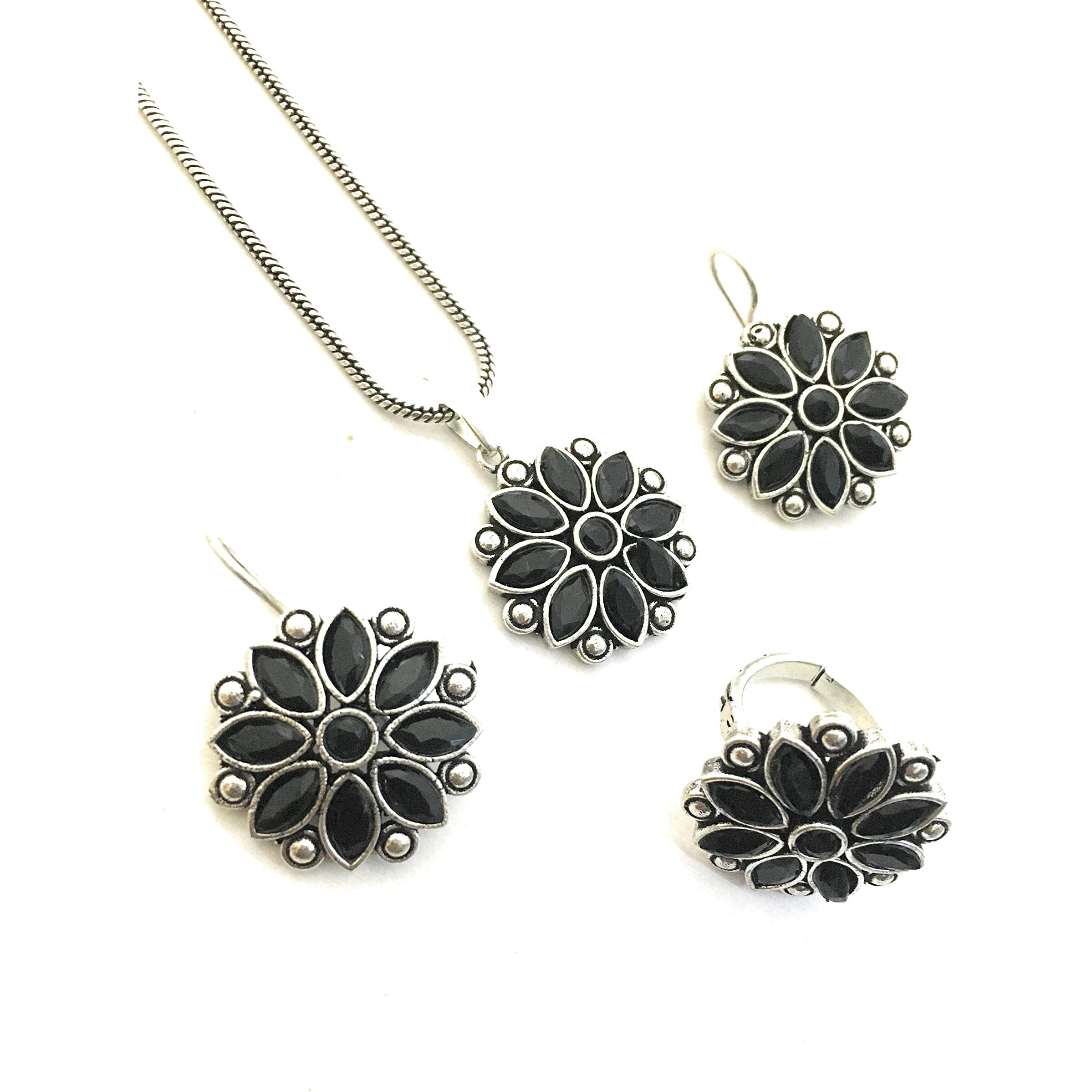 Sasitrends German Silver Stone Studded Oxidized Jewellery Set for Women & Girls