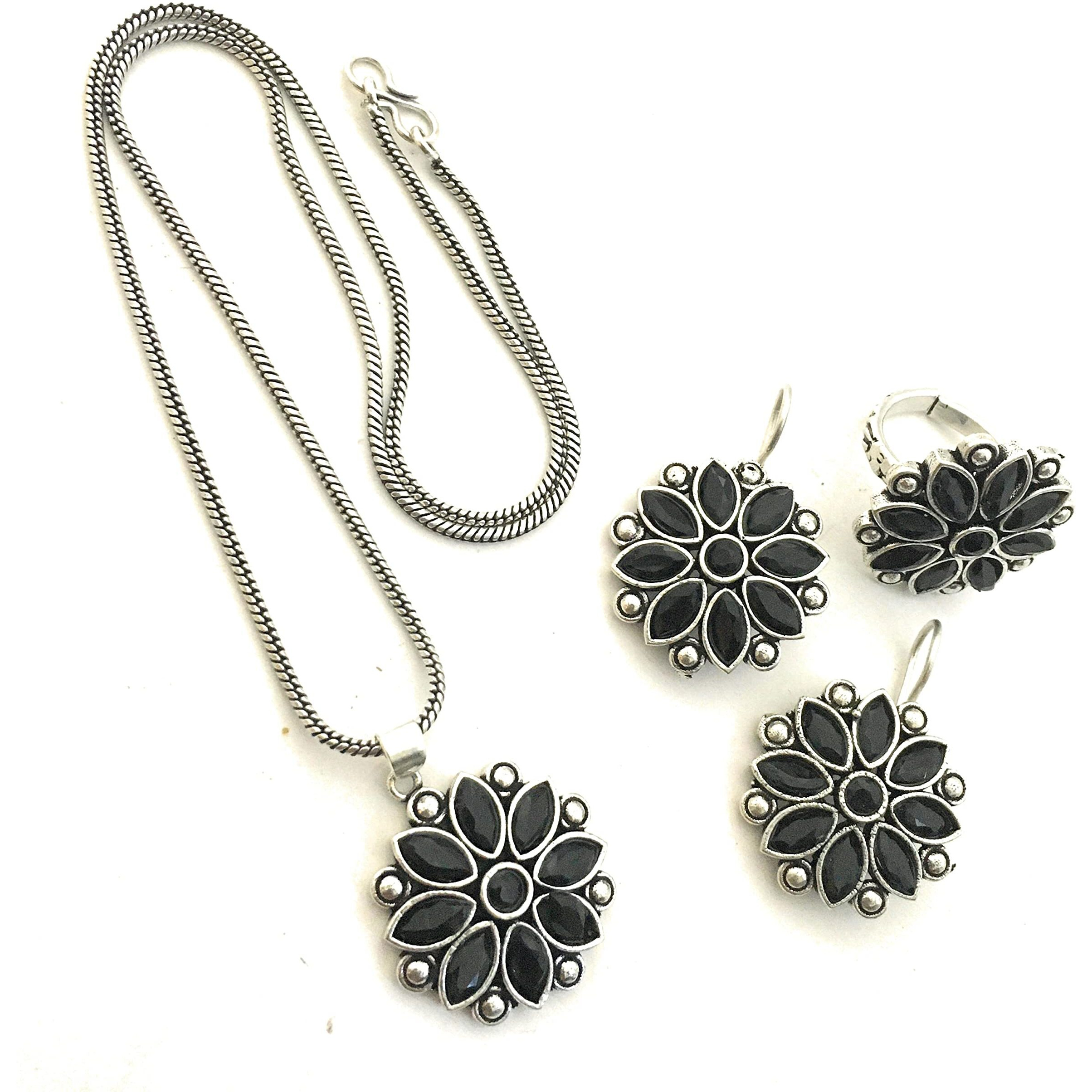 Sasitrends German Silver Stone Studded Oxidized Jewellery Set for Women & Girls