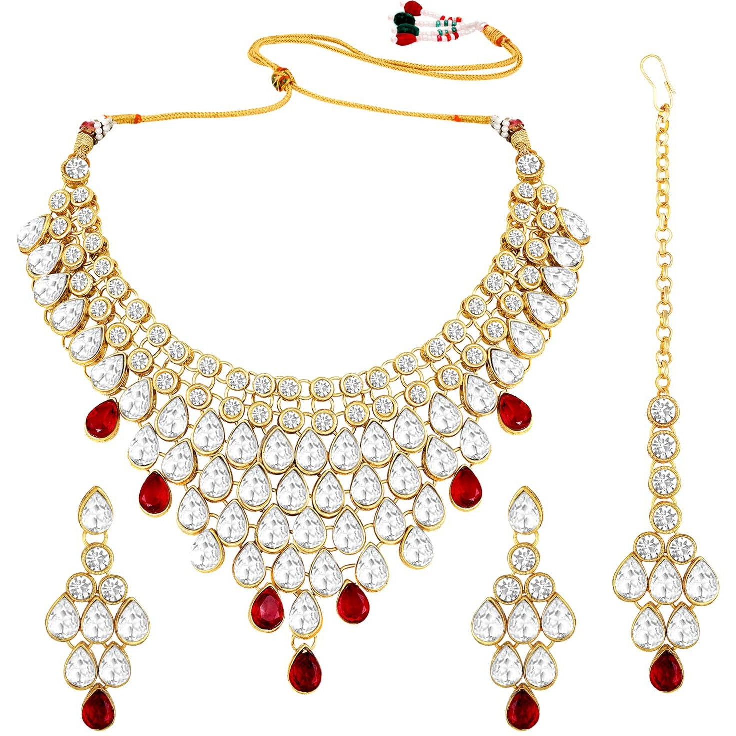 Peora Traditional Kundan Dulhan Necklace Set with Earring Maang Tikka Ethnic Jewellery for Women (Maroon)
