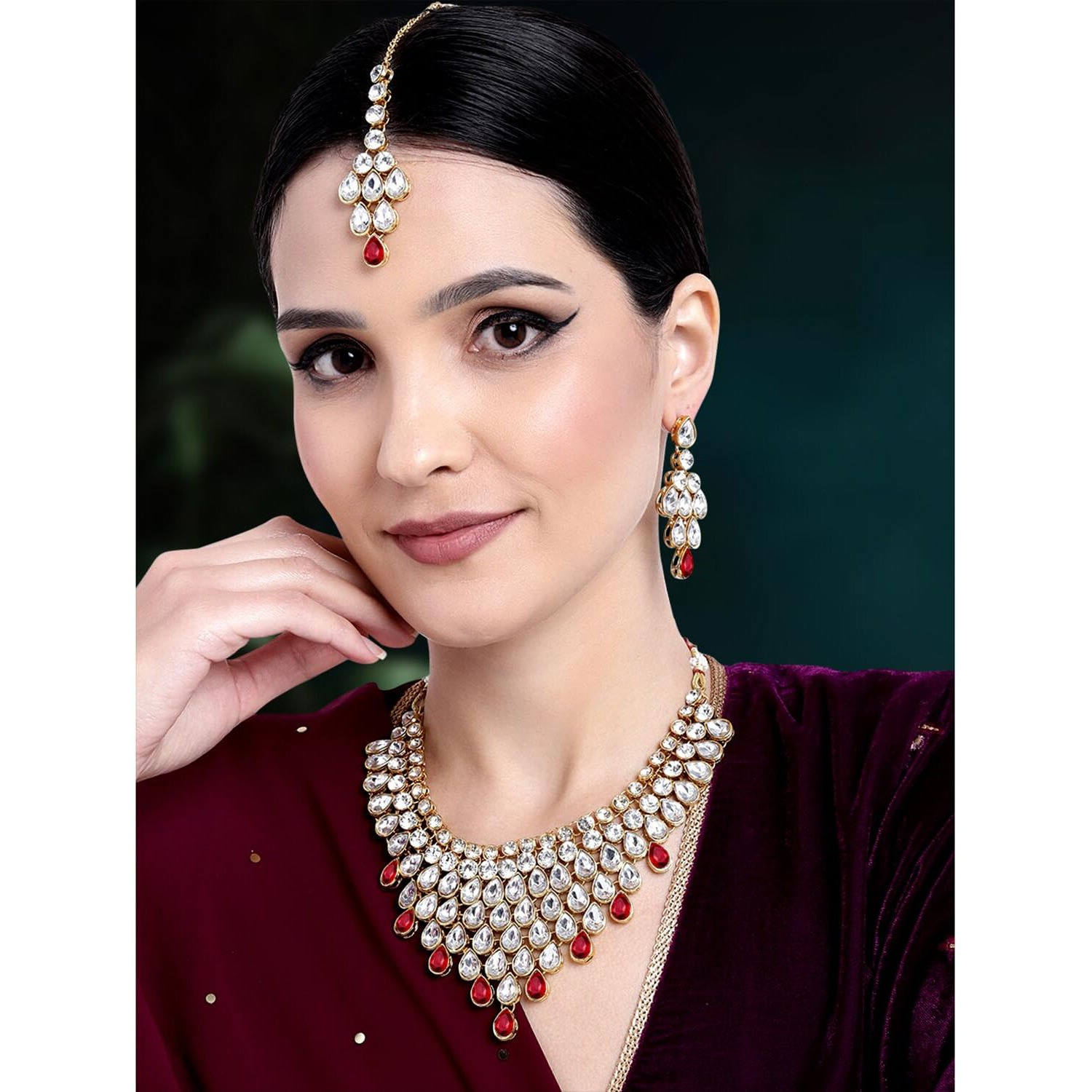 Peora Traditional Kundan Dulhan Necklace Set with Earring Maang Tikka Ethnic Jewellery for Women (Maroon)