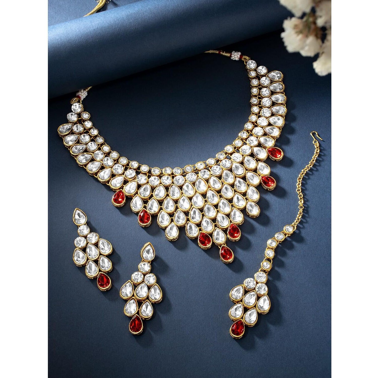 Peora Traditional Kundan Dulhan Necklace Set with Earring Maang Tikka Ethnic Jewellery for Women (Maroon)