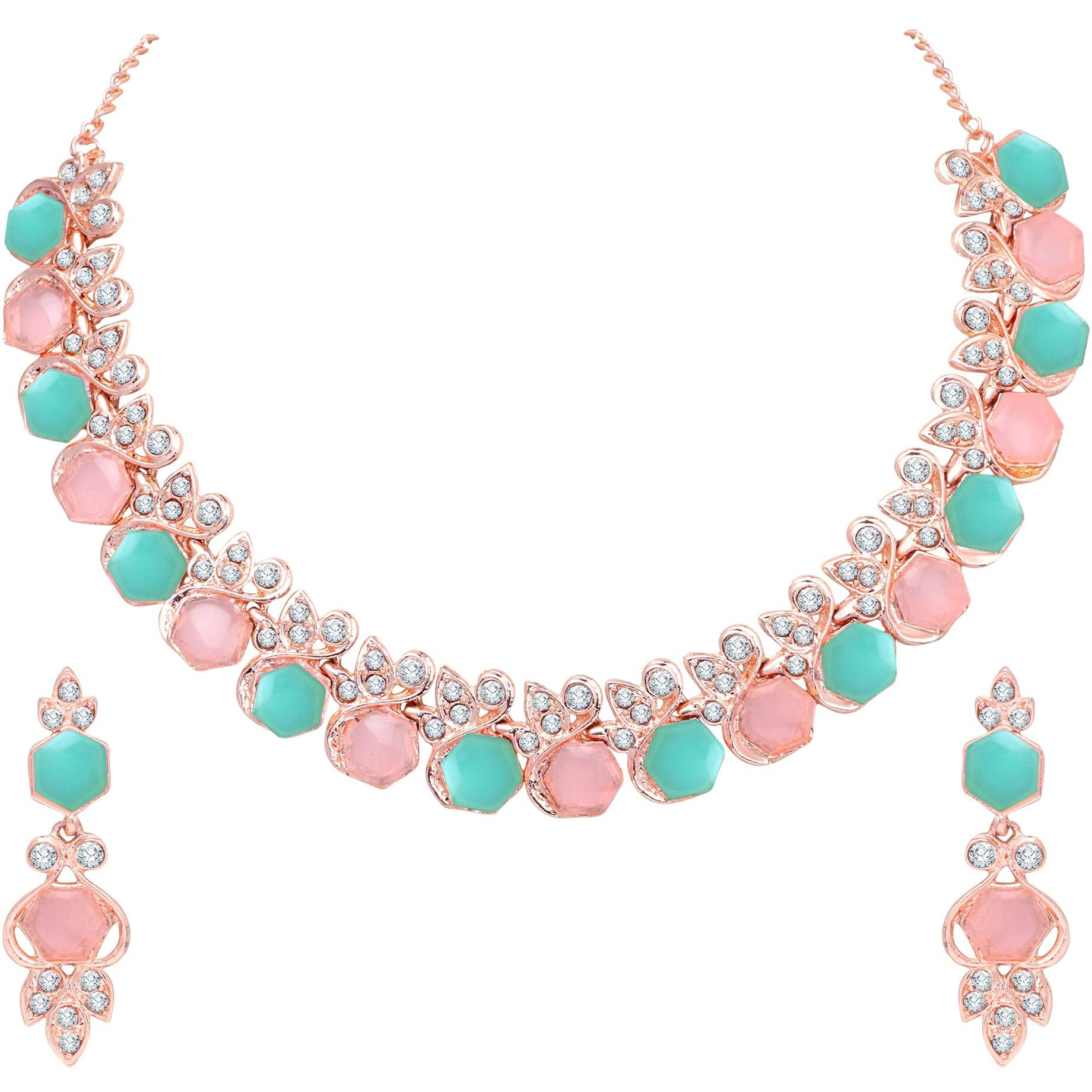 Atasi International Gold Plated Pink & Green Crystal AD Diamond Womens Necklace Set | Jewellery Set With Earrings | MPG5766