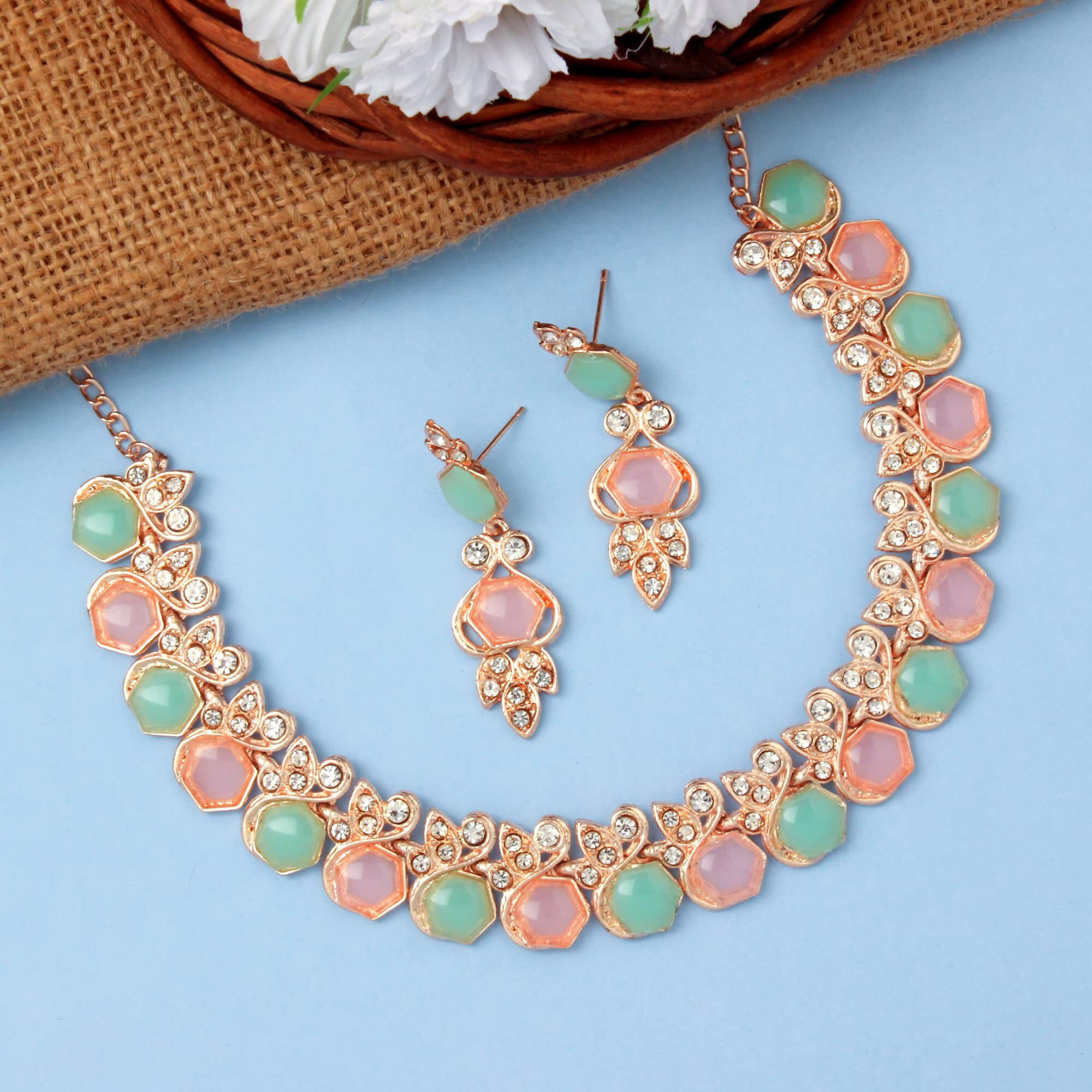 Atasi International Gold Plated Pink & Green Crystal AD Diamond Womens Necklace Set | Jewellery Set With Earrings | MPG5766