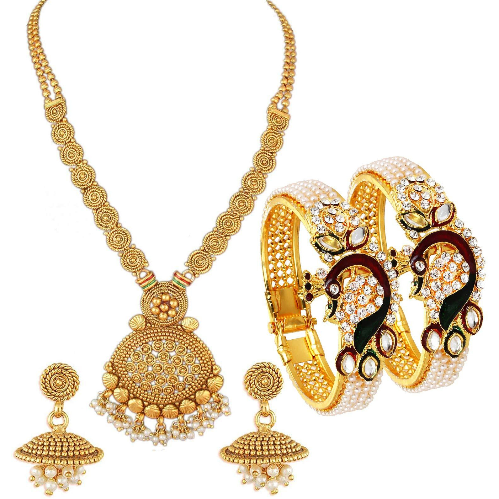 YouBella Jewellery Sets for Women Gold Plated Necklace Jewellery Set with Earrings and Bangles Combo for Girls/Women (Combo 1)