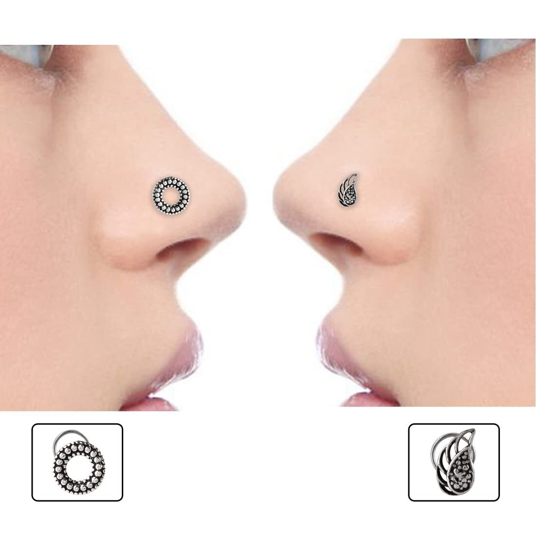 abhooshan Silver Alloy Combo Set of 2 Designer Oxidized Nose Pin Stud for Women and Girls. Piercing required (Bohemian I)