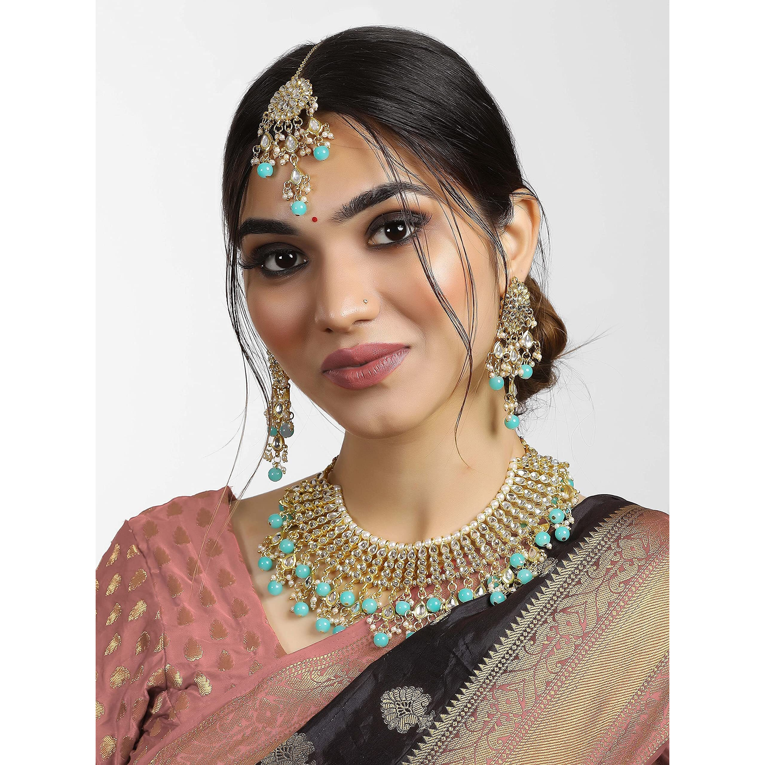 Karatcart Gold Plated Light Blue Kundan Choker Necklace Set For Womens