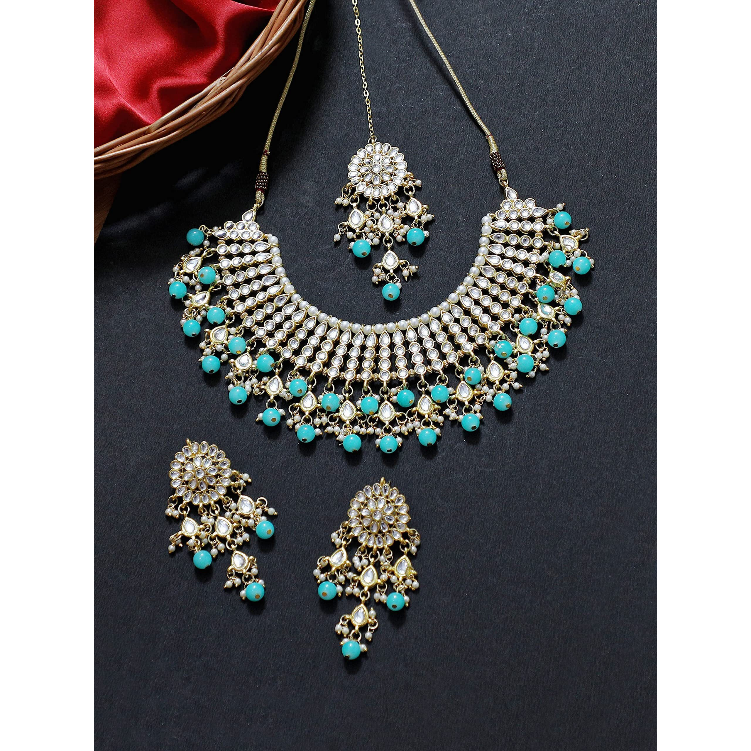 Karatcart Gold Plated Light Blue Kundan Choker Necklace Set For Womens