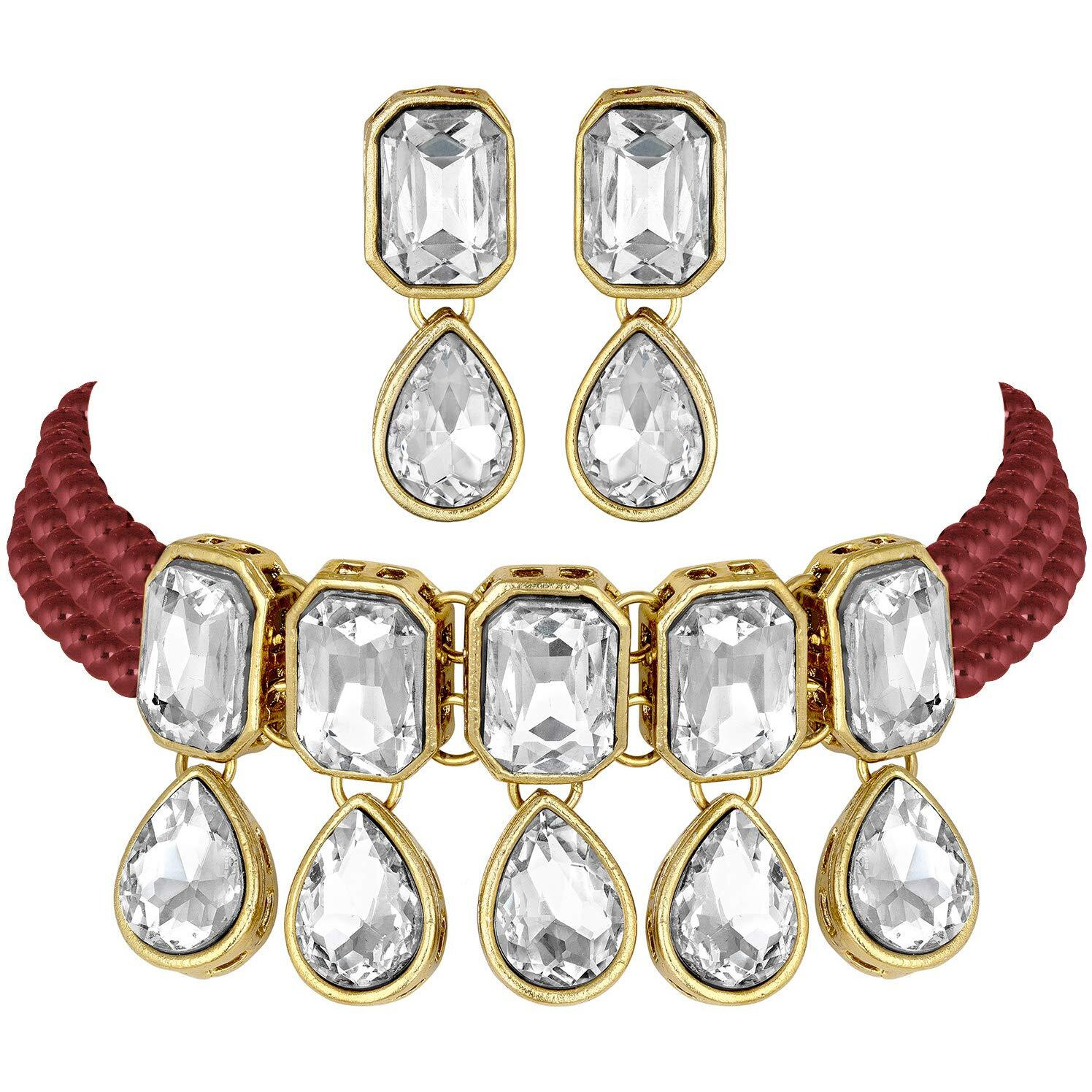 Peora Crystal Pearl Traditional Ethnic Bridal Choker Necklace with Earrings Jewellery Set for Women Girls