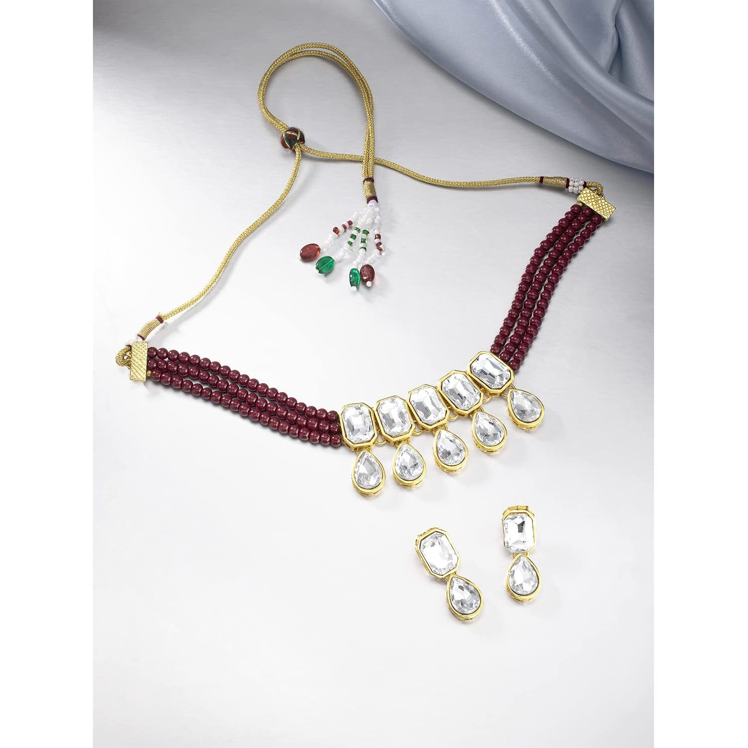 Peora Crystal Pearl Traditional Ethnic Bridal Choker Necklace with Earrings Jewellery Set for Women Girls