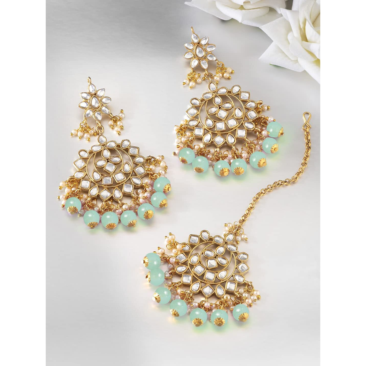 Peora Women Mint Green Gold-Plated Pearl Kundan Studded Earring MaangTikka Jewellery Set