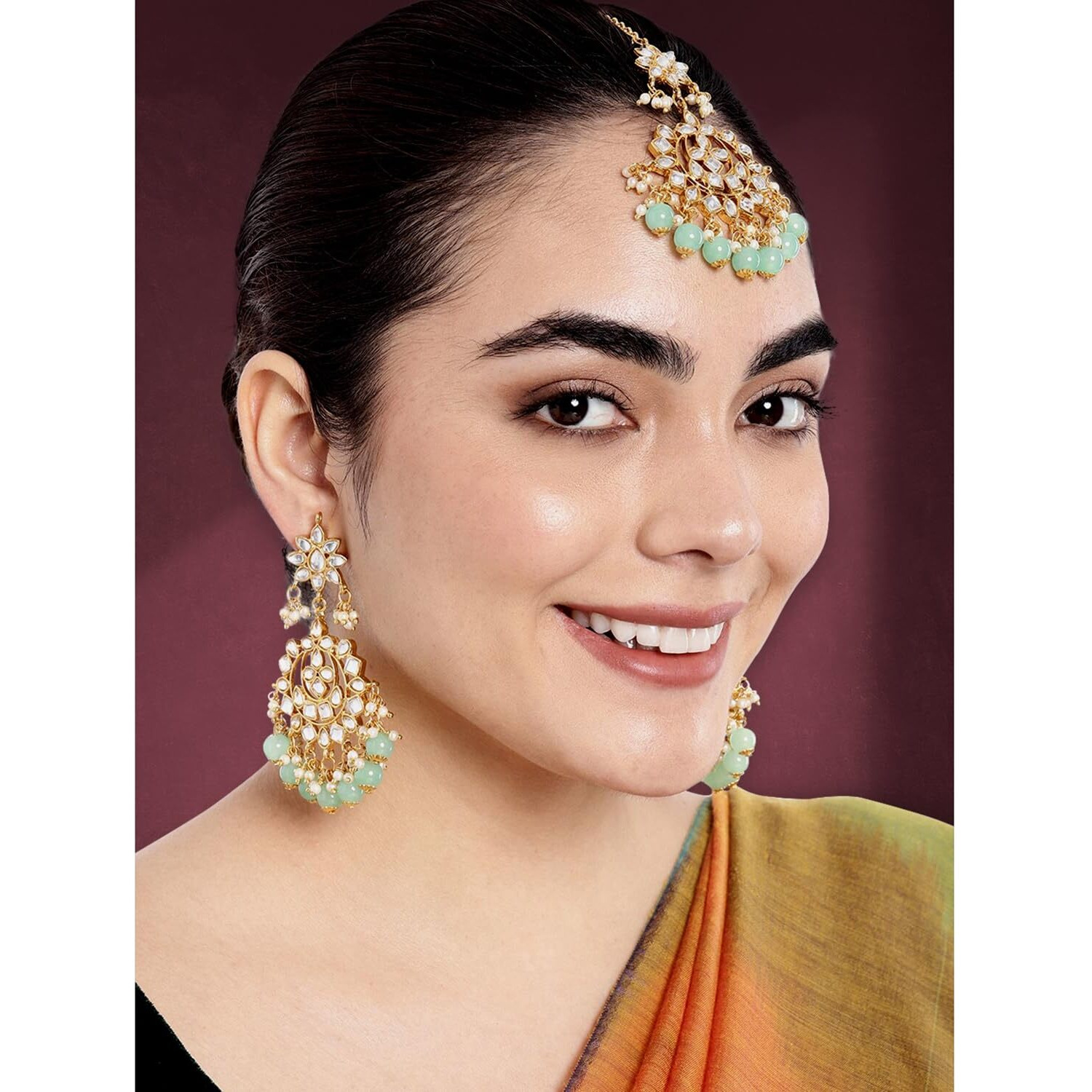 Peora Women Mint Green Gold-Plated Pearl Kundan Studded Earring MaangTikka Jewellery Set