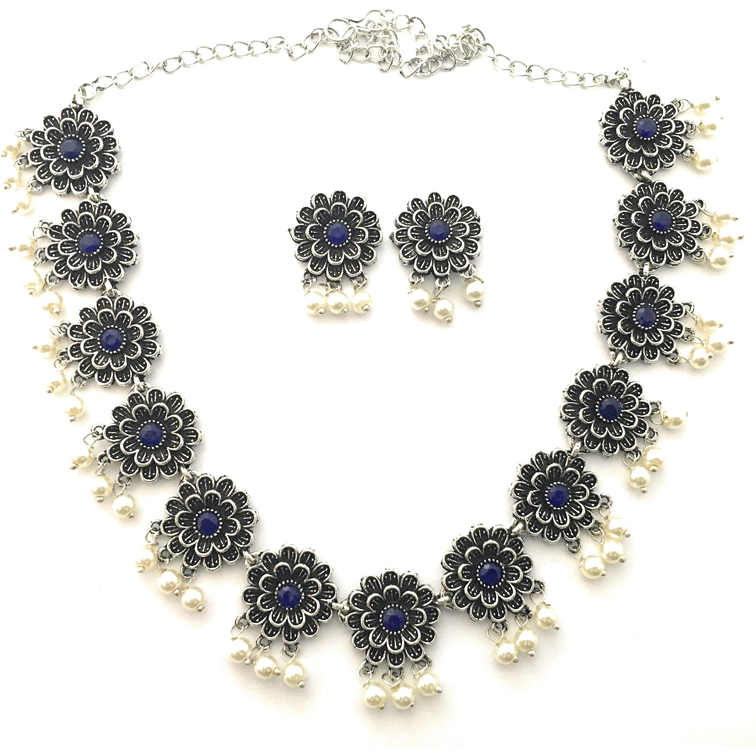 Sasitrends Oxidized Pearl German Silver Stone Studded Jewellery Necklace Set for Women and Girls