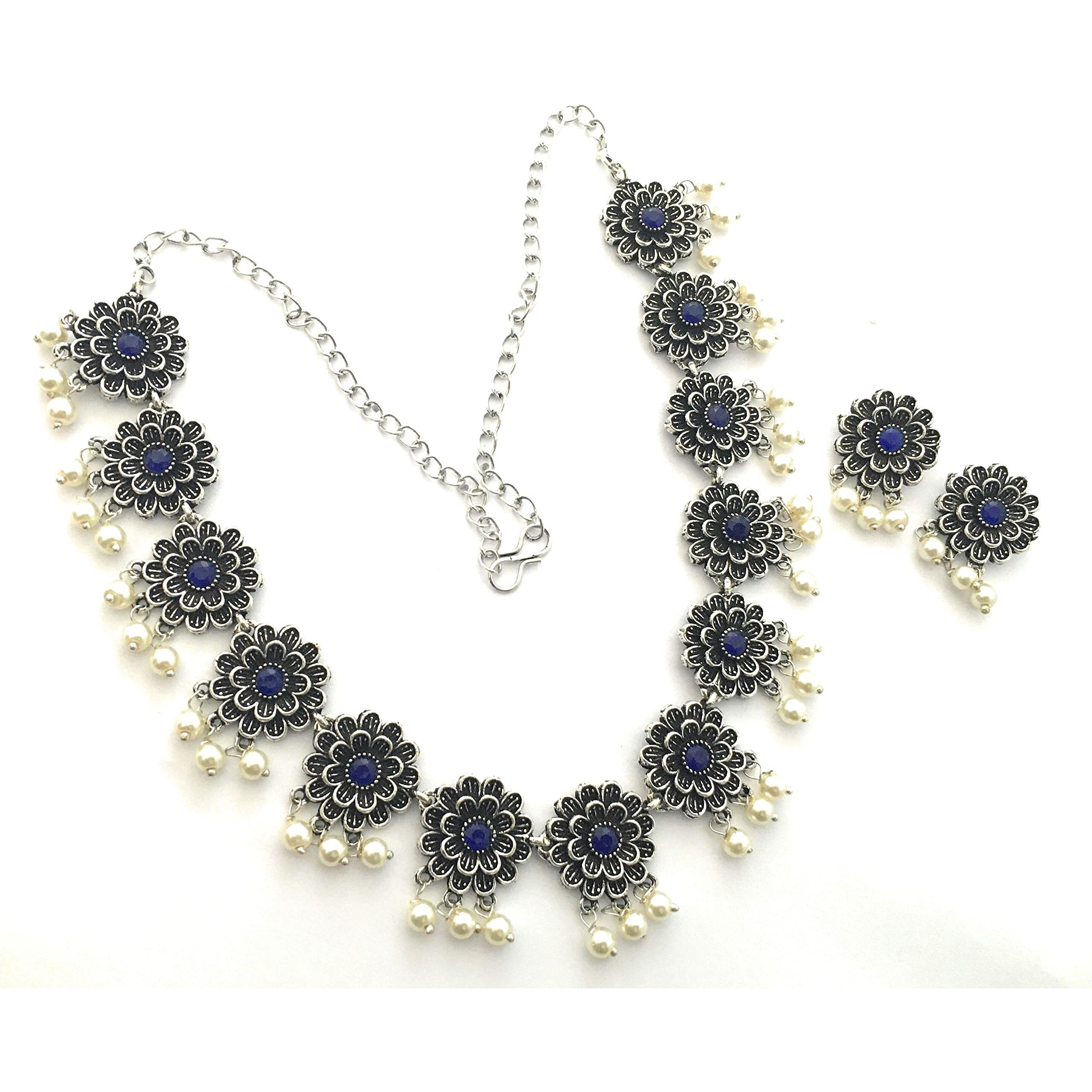 Sasitrends Oxidized Pearl German Silver Stone Studded Jewellery Necklace Set for Women and Girls