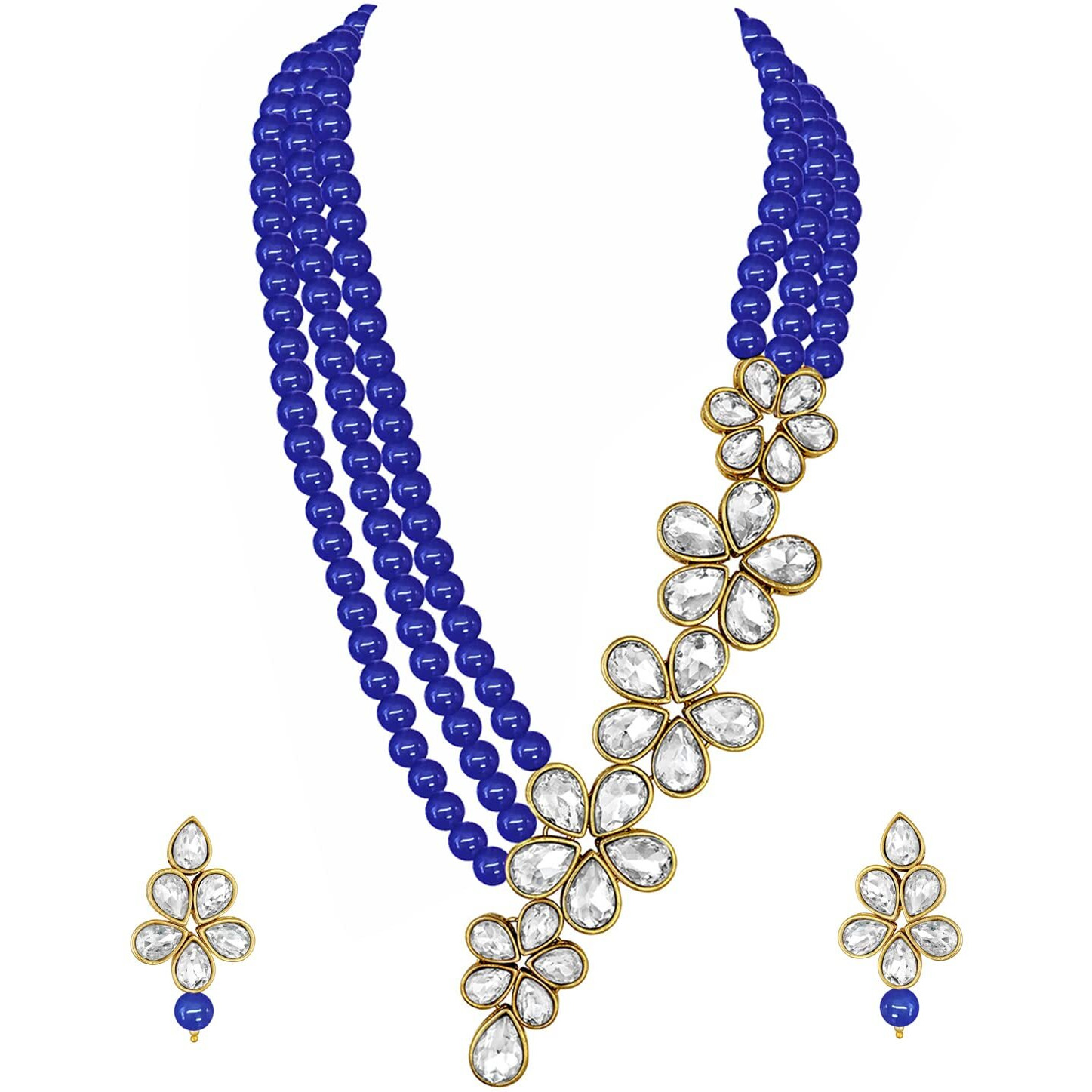 Peora Blue Gold-Plated Floral Crystal Pearl Studded Long Necklace Earrings Jewellery Set for Women & Girls