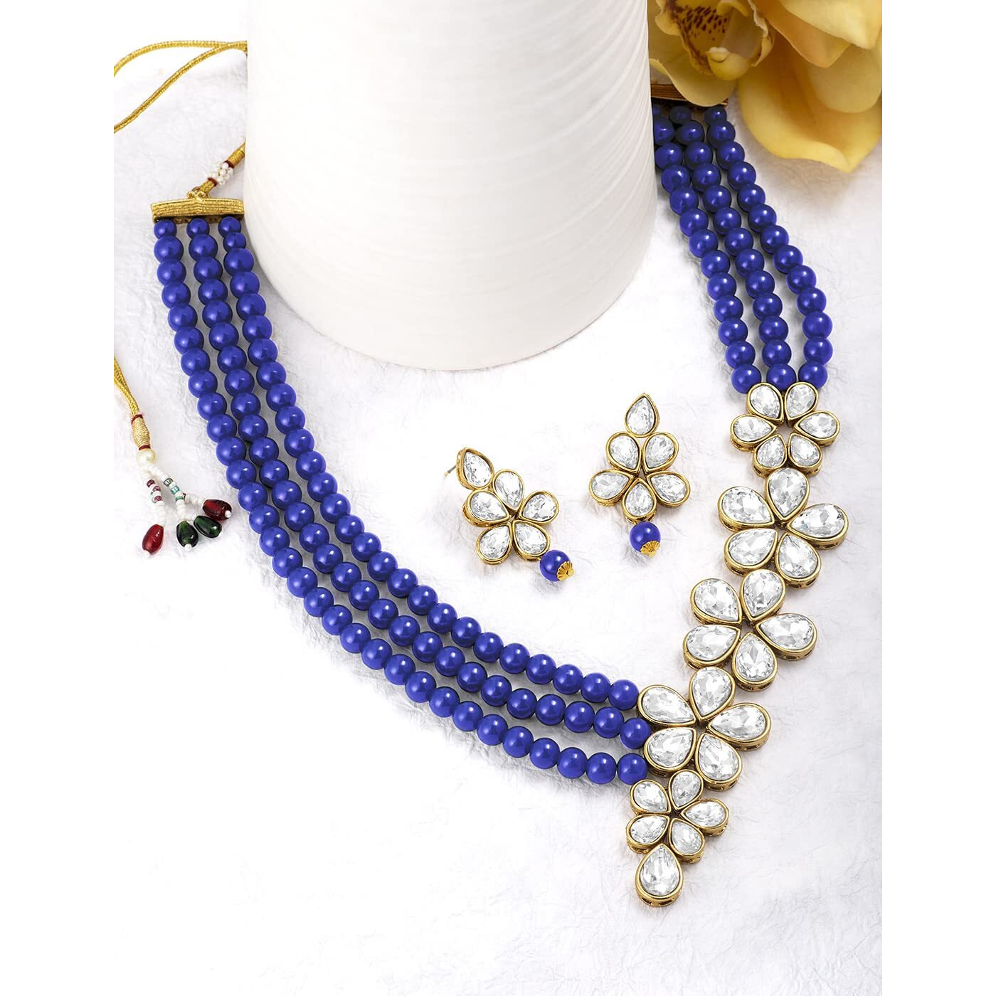 Peora Blue Gold-Plated Floral Crystal Pearl Studded Long Necklace Earrings Jewellery Set for Women & Girls