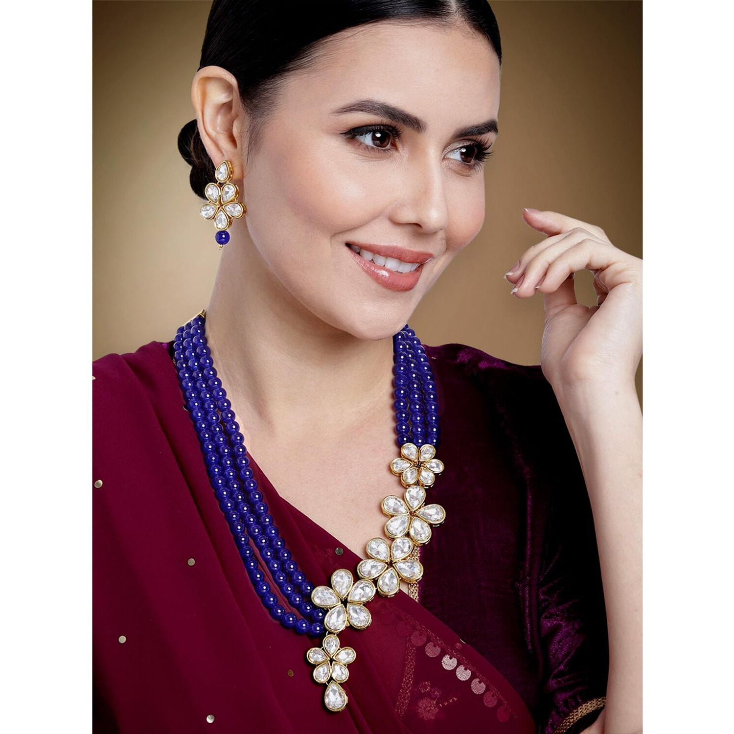 Peora Blue Gold-Plated Floral Crystal Pearl Studded Long Necklace Earrings Jewellery Set for Women & Girls