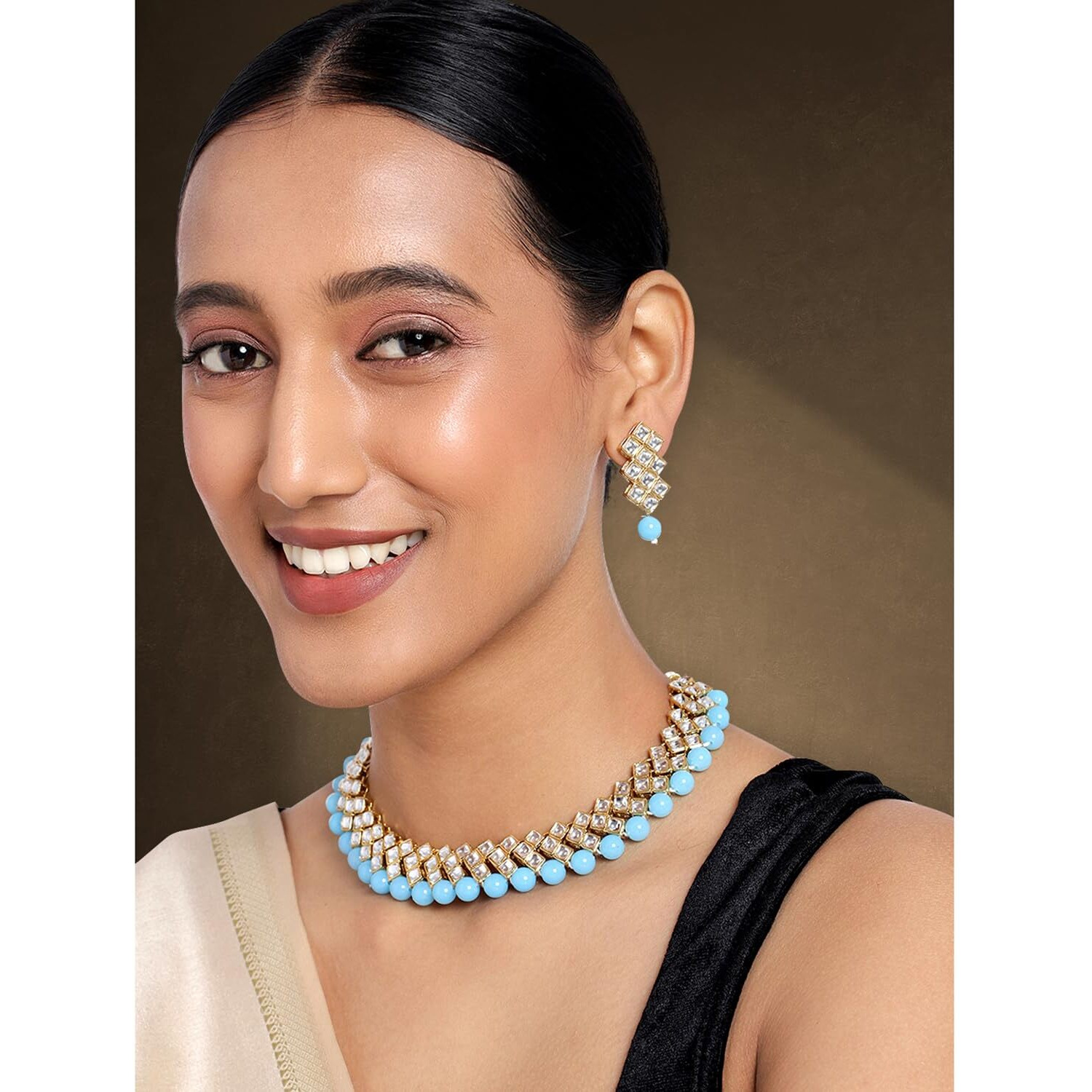 Peora Gold Plated Indian Ethnic Kundan Pearl Fancy Bridal Traditional Choker Necklace Jewellery Set with Earrings for Women