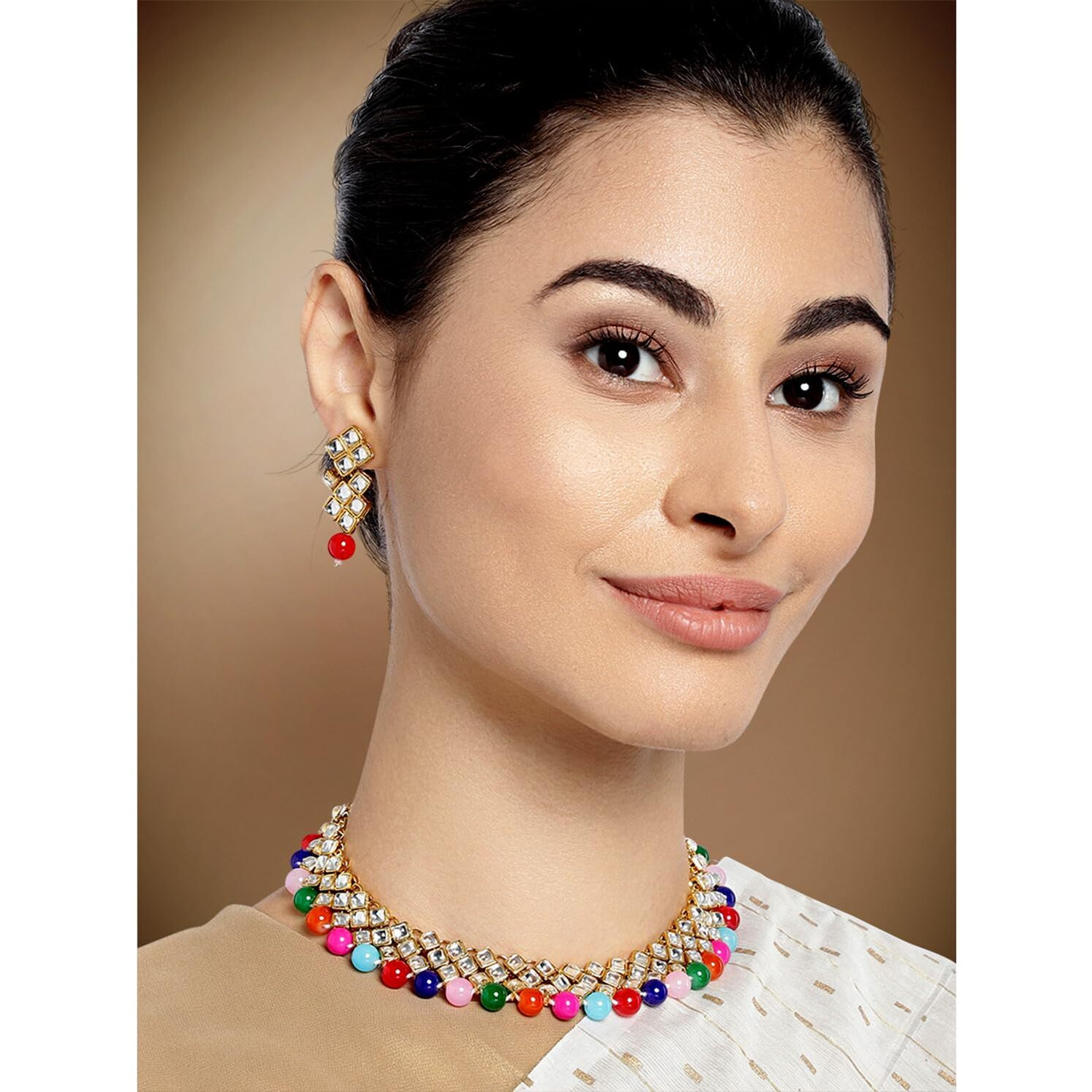 Peora Gold Plated Indian Ethnic Kundan Pearl Fancy Bridal Traditional Choker Necklace Jewellery Set with Earrings for Women