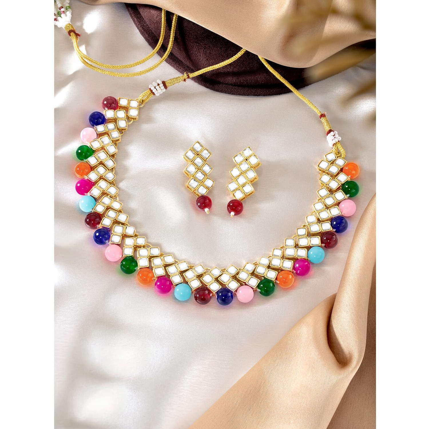 Peora Gold Plated Indian Ethnic Kundan Pearl Fancy Bridal Traditional Choker Necklace Jewellery Set with Earrings for Women