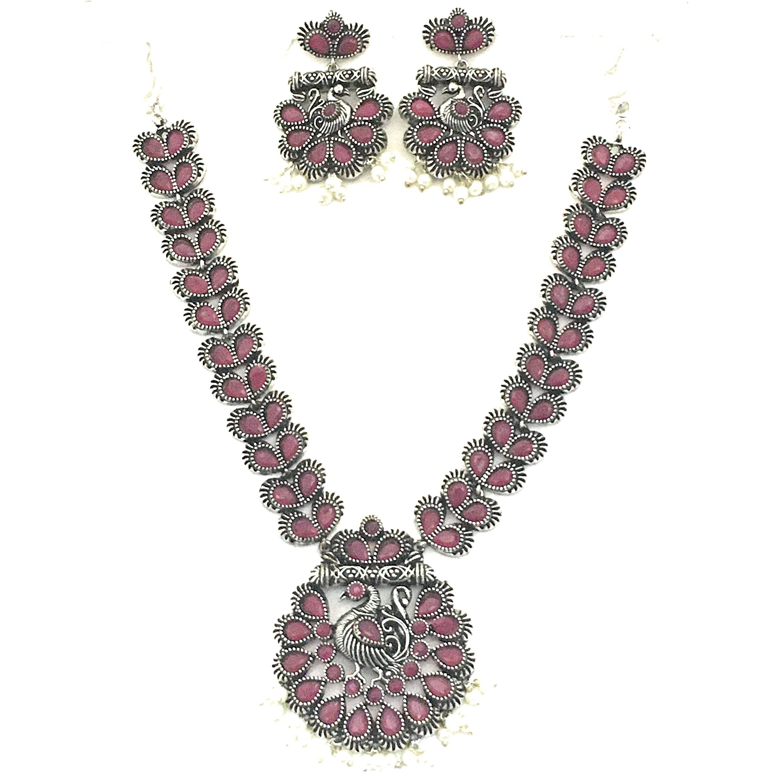 Sasitrends Traditional German Silver Pearl Peacock Designer Oxidized Jewellery Set for Women and Girls