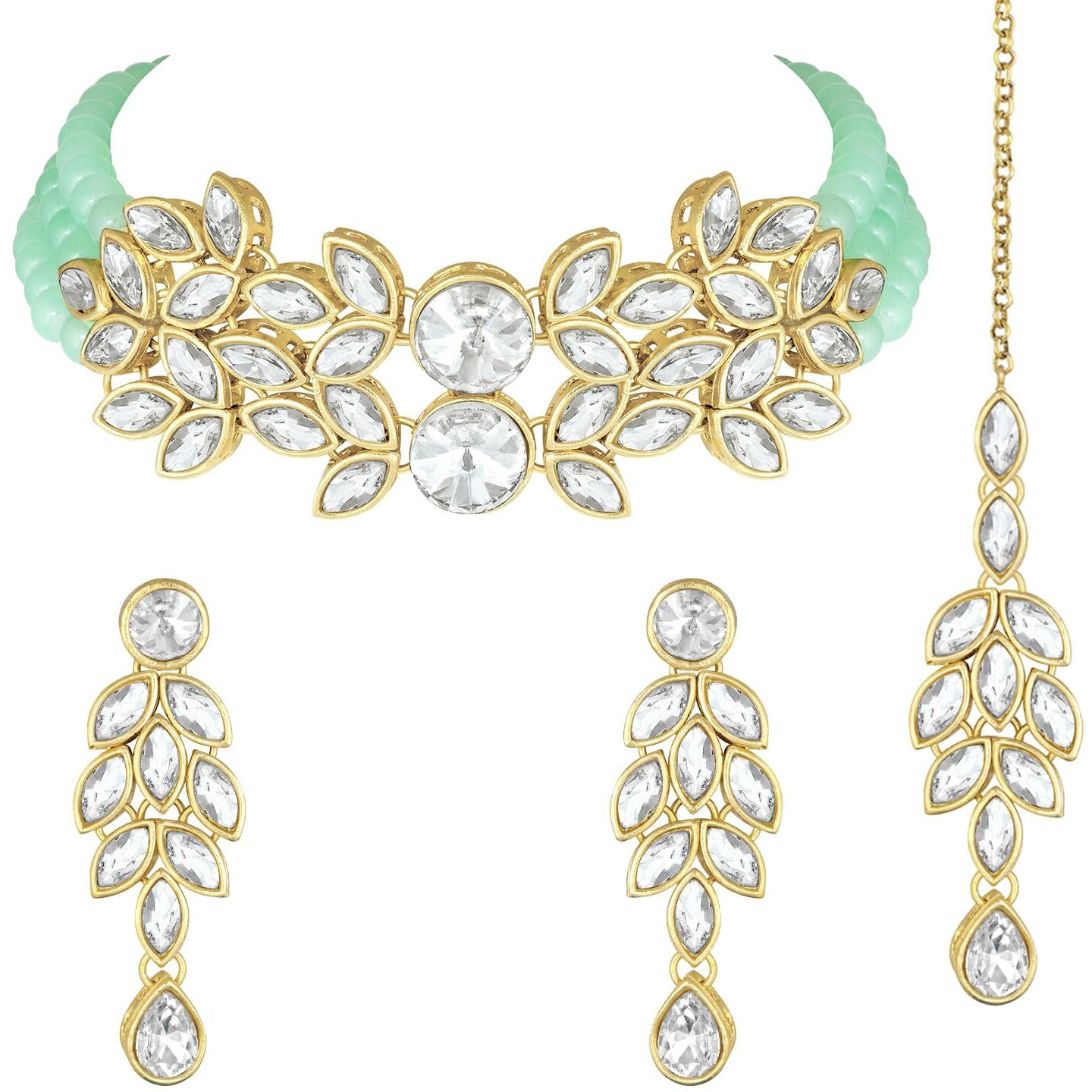 Peora Gold Plated Bridal Crystal Pearl Choker Necklace with Drop Earrings Traditional Jewellery Set for Women