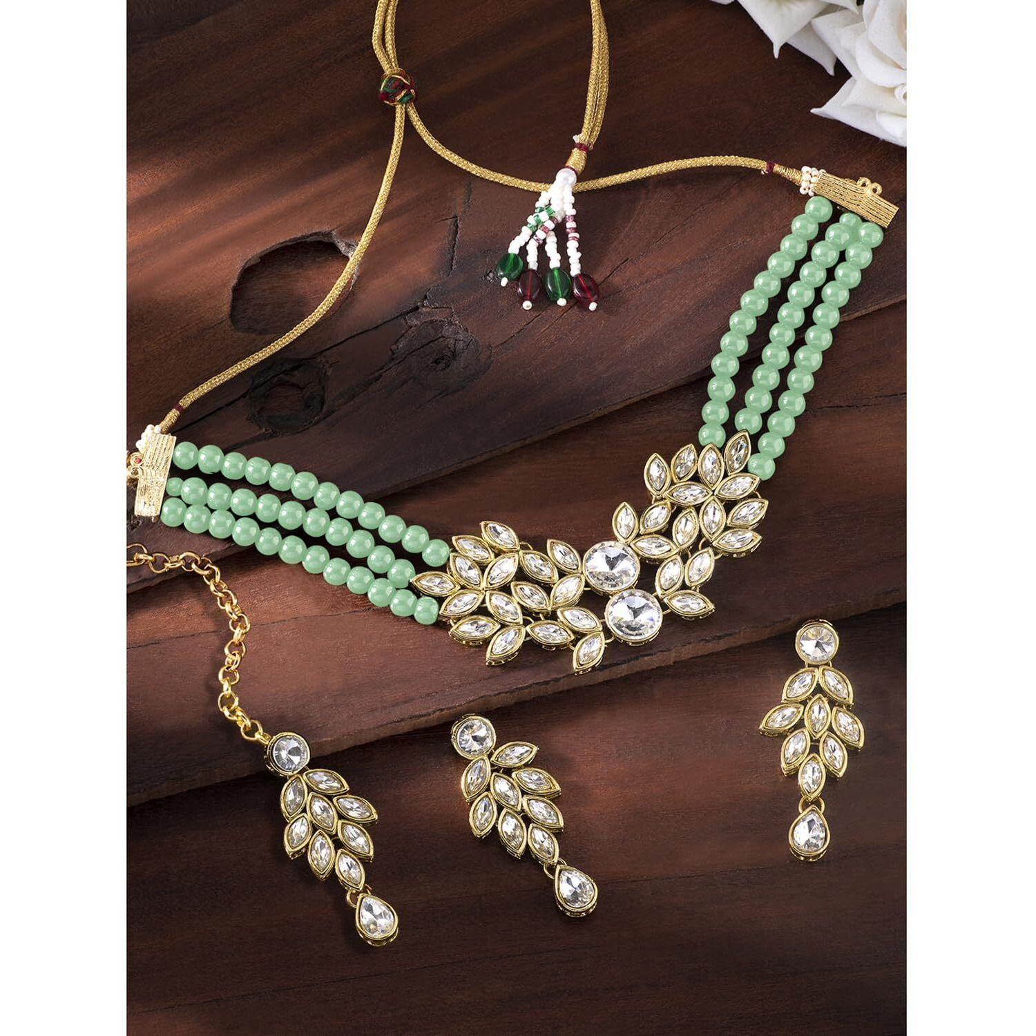 Peora Gold Plated Bridal Crystal Pearl Choker Necklace with Drop Earrings Traditional Jewellery Set for Women