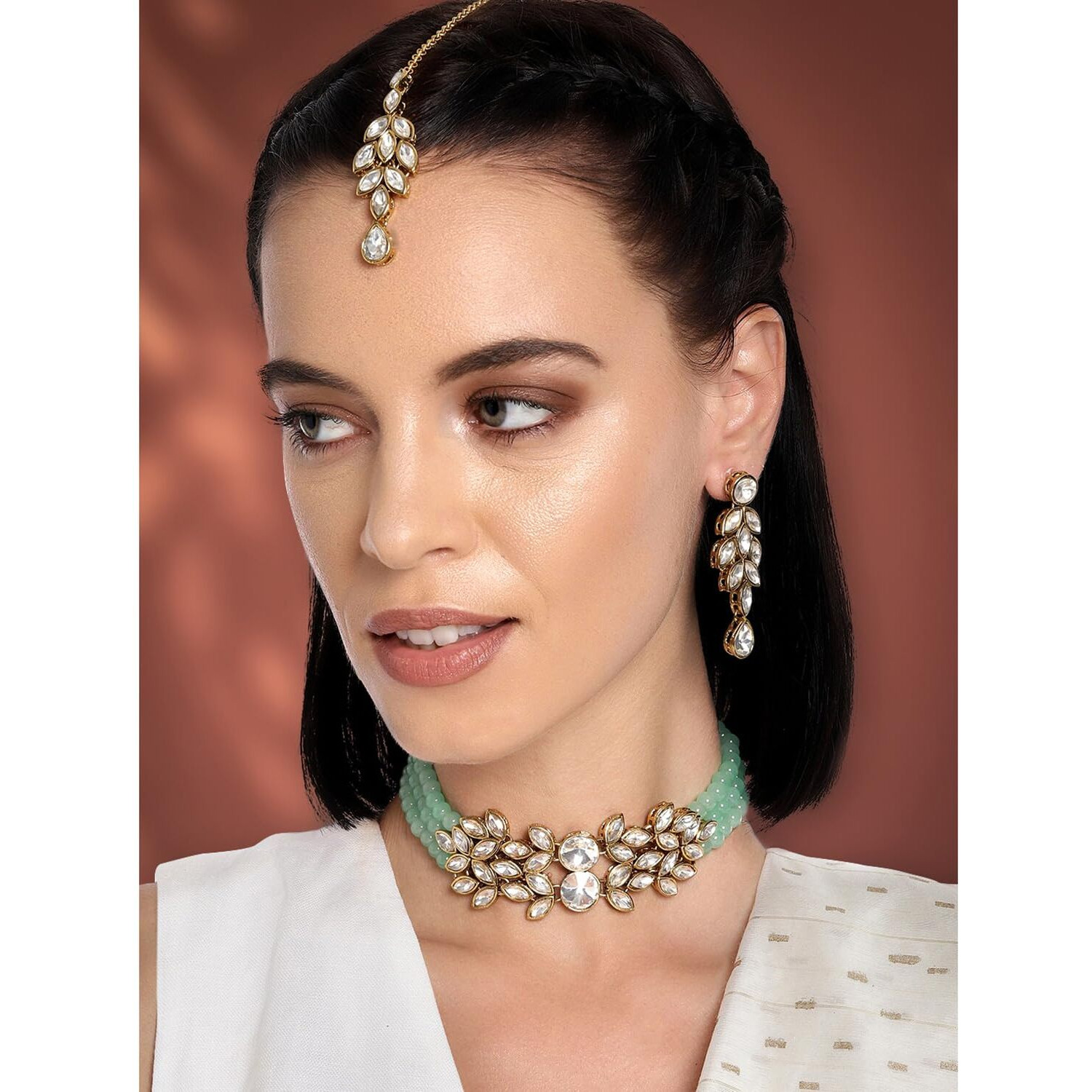 Peora Gold Plated Bridal Crystal Pearl Choker Necklace with Drop Earrings Traditional Jewellery Set for Women