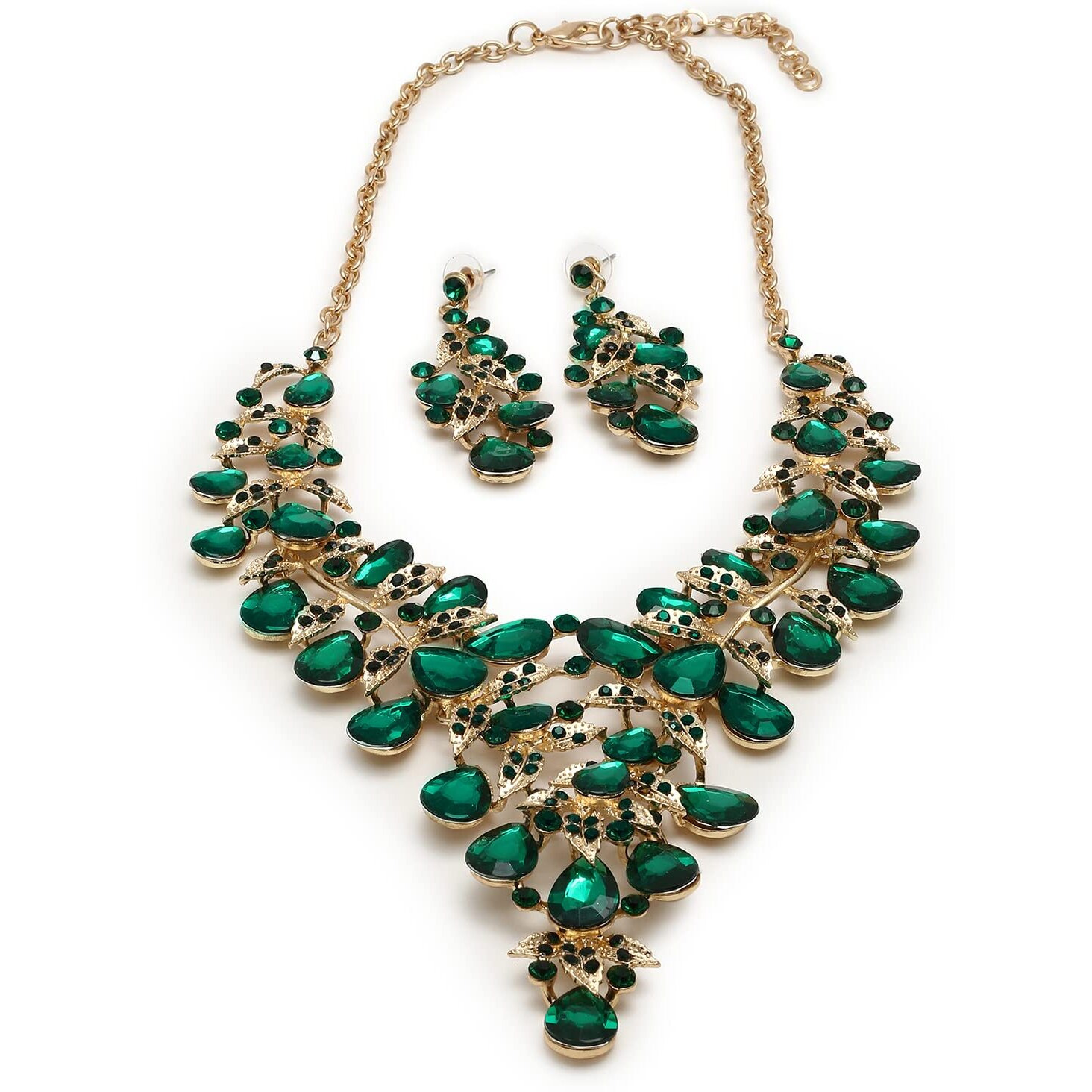 SOHI Green stones Statement Necklace Set | Gold plated jewellery set for women and girls | Necklace and Earrings | contemporary jewellery| green stone jewellery | Indo-western Fashion jewellery