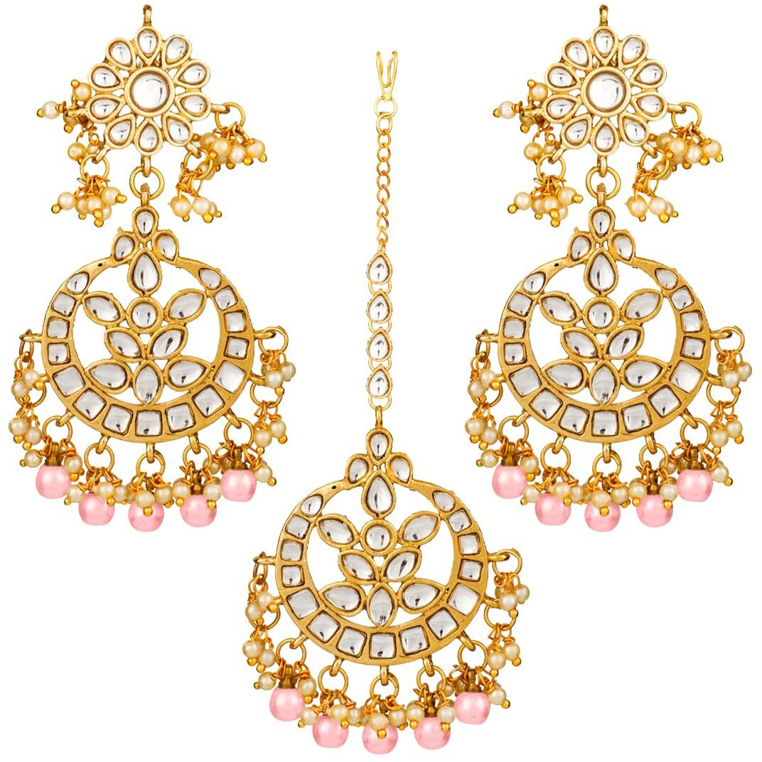 Peora Traditional Jewellery 18K Gold Plated Kundan & Pearl Maang Tikka Earring Set for Women Girl (Pink)