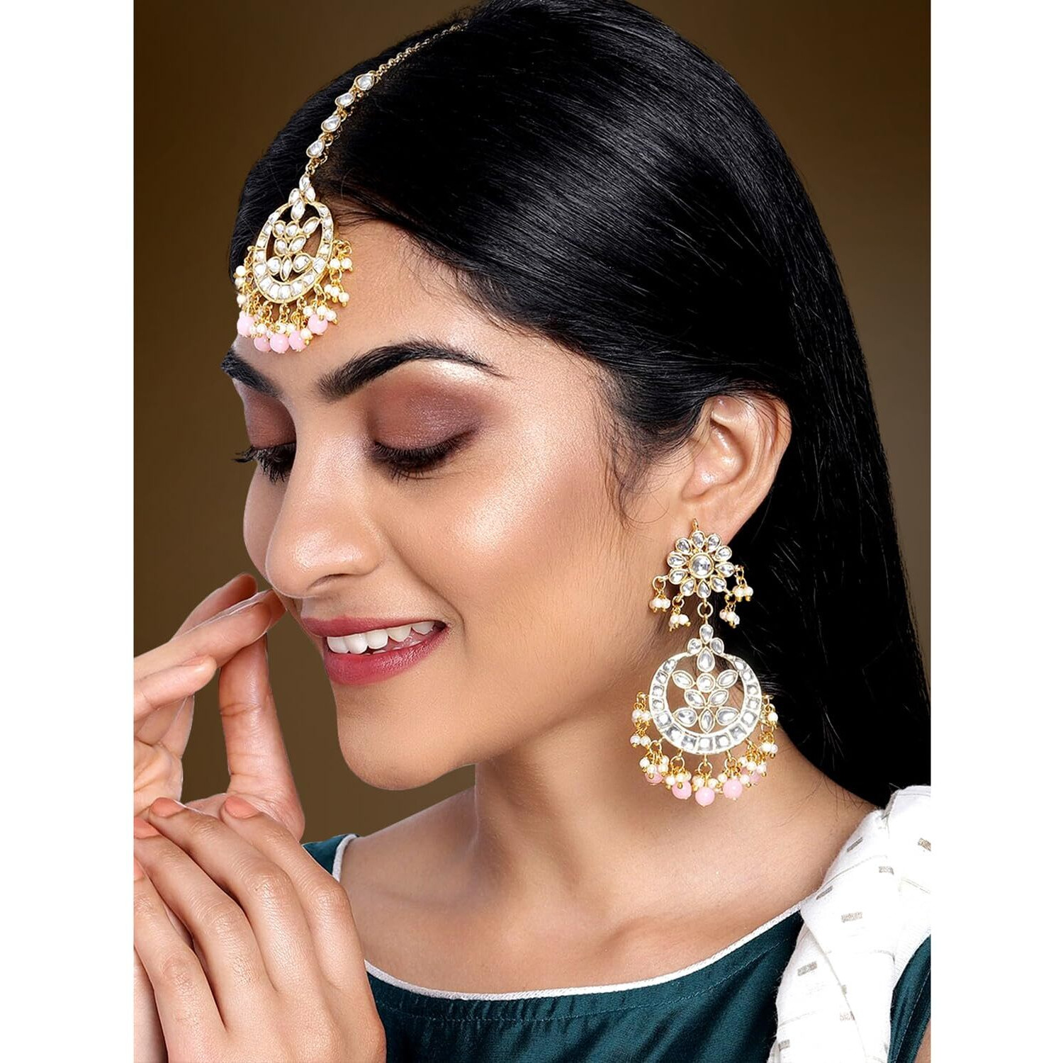 Peora Traditional Jewellery 18K Gold Plated Kundan & Pearl Maang Tikka Earring Set for Women Girl (Pink)