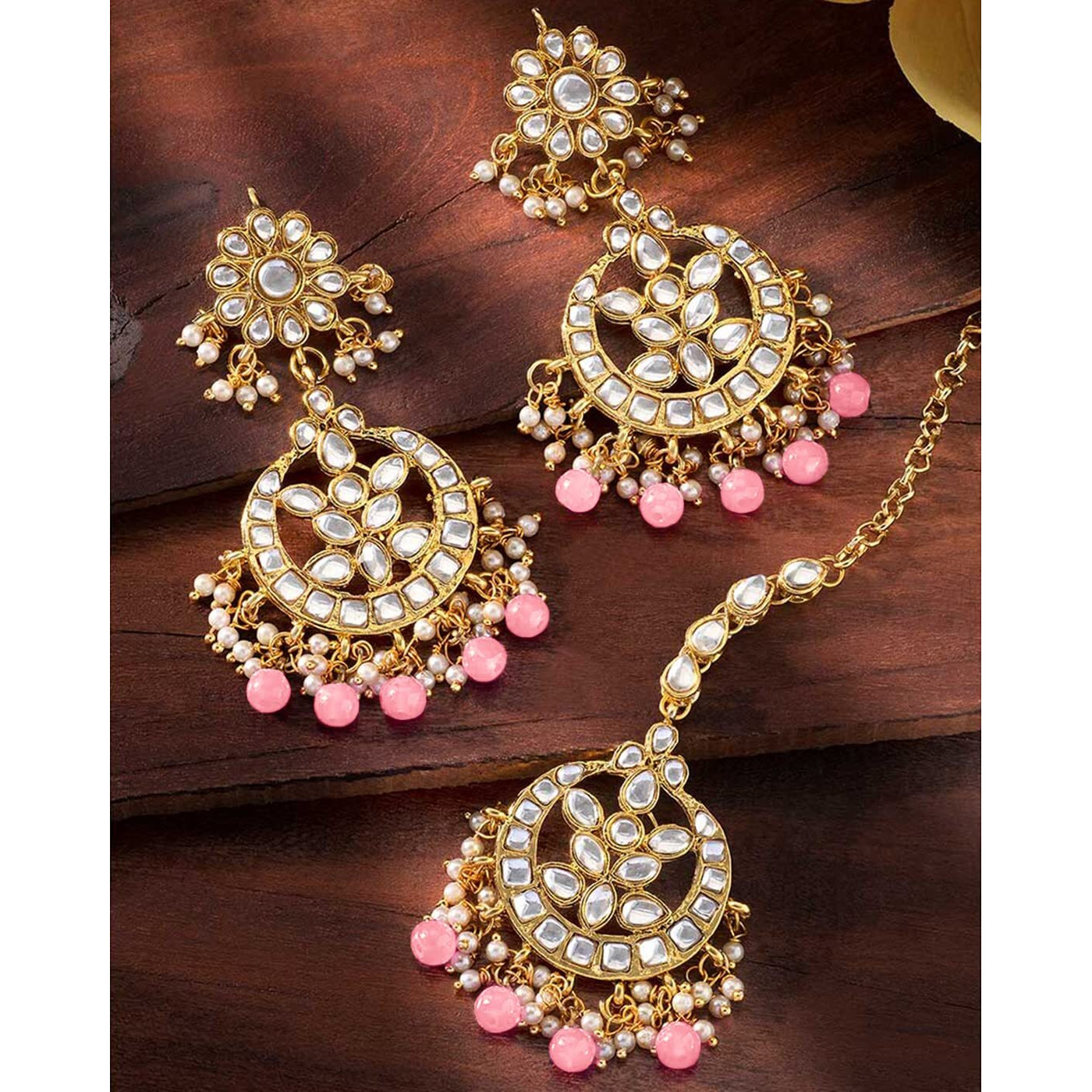 Peora Traditional Jewellery 18K Gold Plated Kundan & Pearl Maang Tikka Earring Set for Women Girl (Pink)