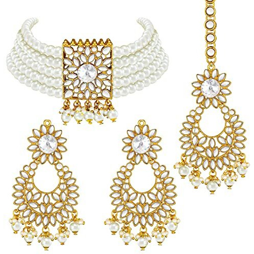 Peora Gold Plated Jodha Akbar Kundan White Faux Pearl Choker Necklace with Earring Maang Tikka Traditional Bridal Jewellery Set for Women & Girls